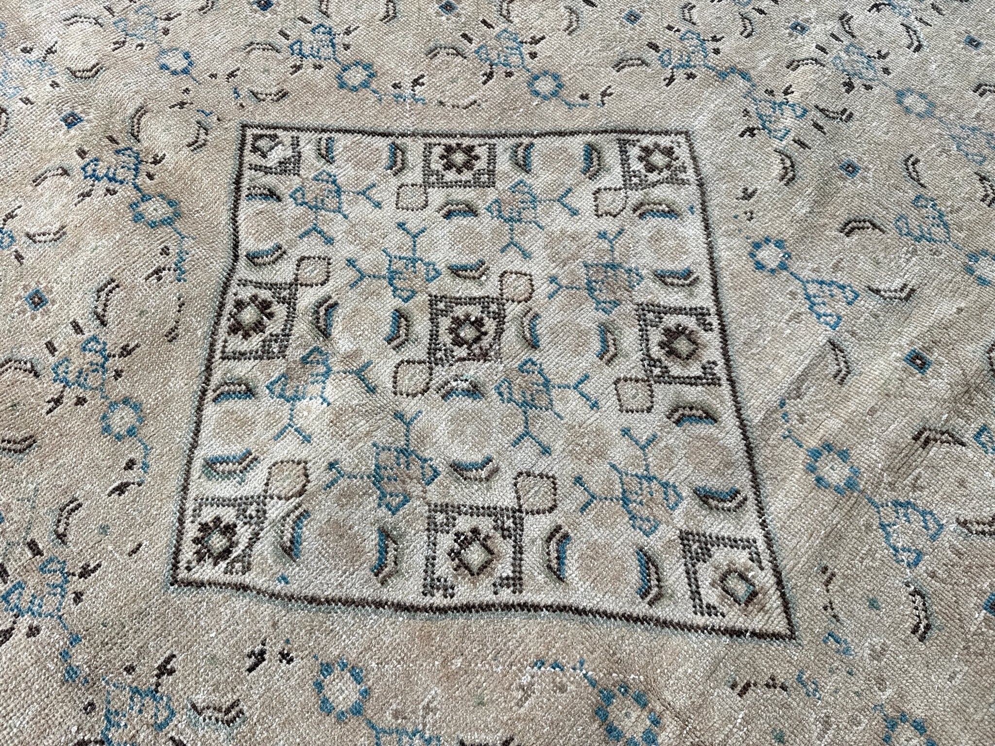 Persian rug close-up: beige field with blue motifs and central geometric medallion