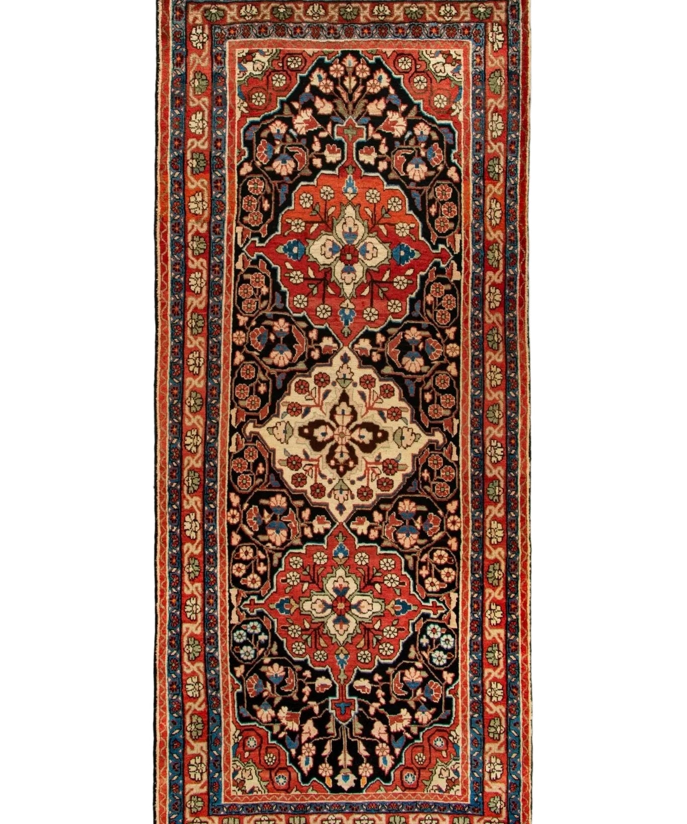 Persian Mahal runner rug with central medallion and red navy border