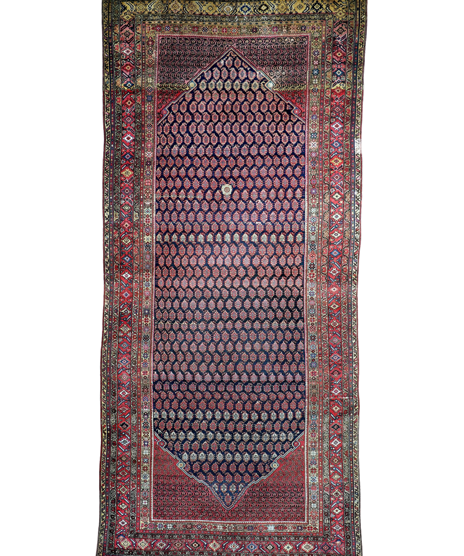 Rectangular Malayer rug with navy, red, and blue geometric medallion border