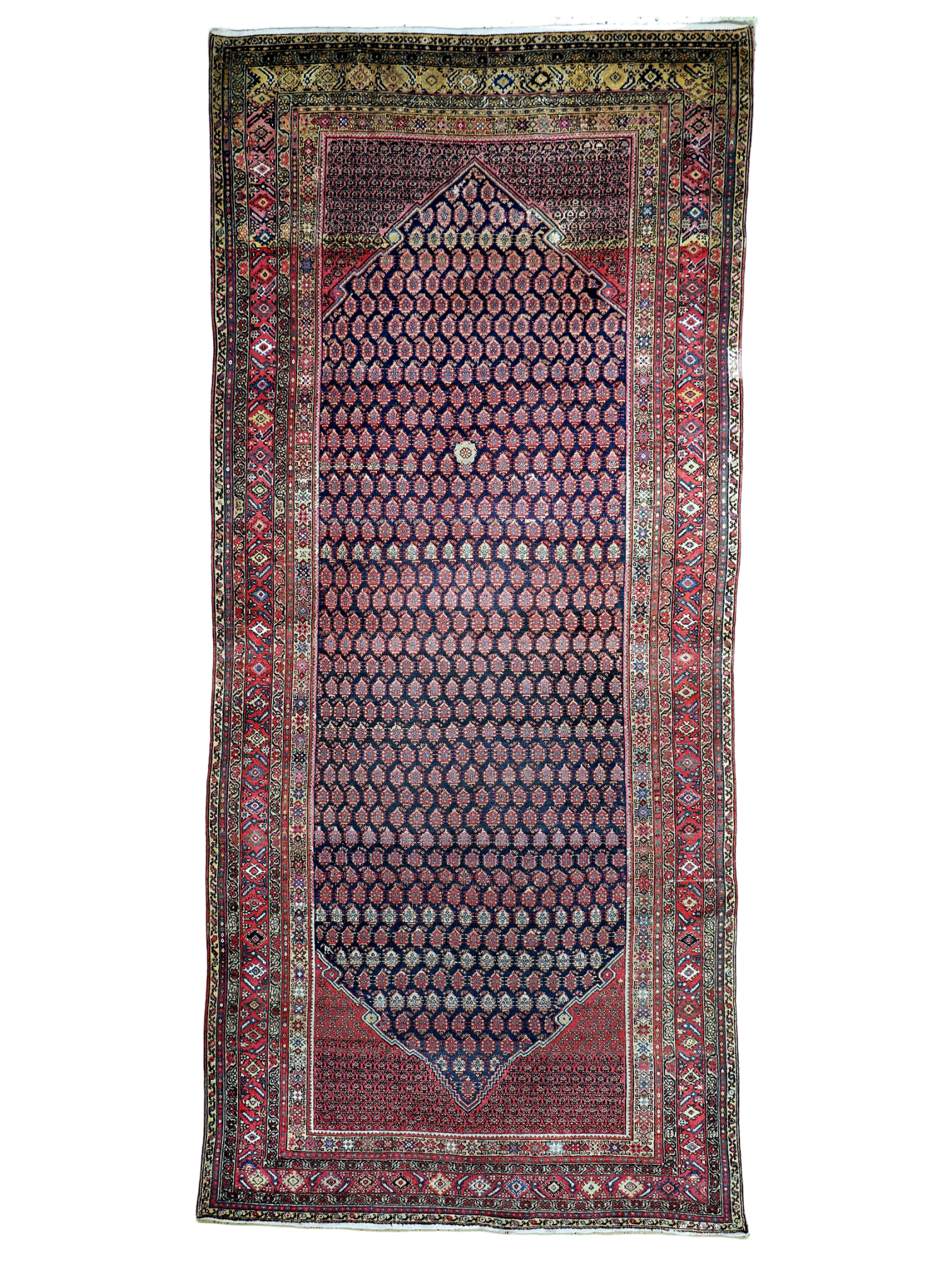 Rectangular Malayer rug with navy, red, and blue geometric medallion border