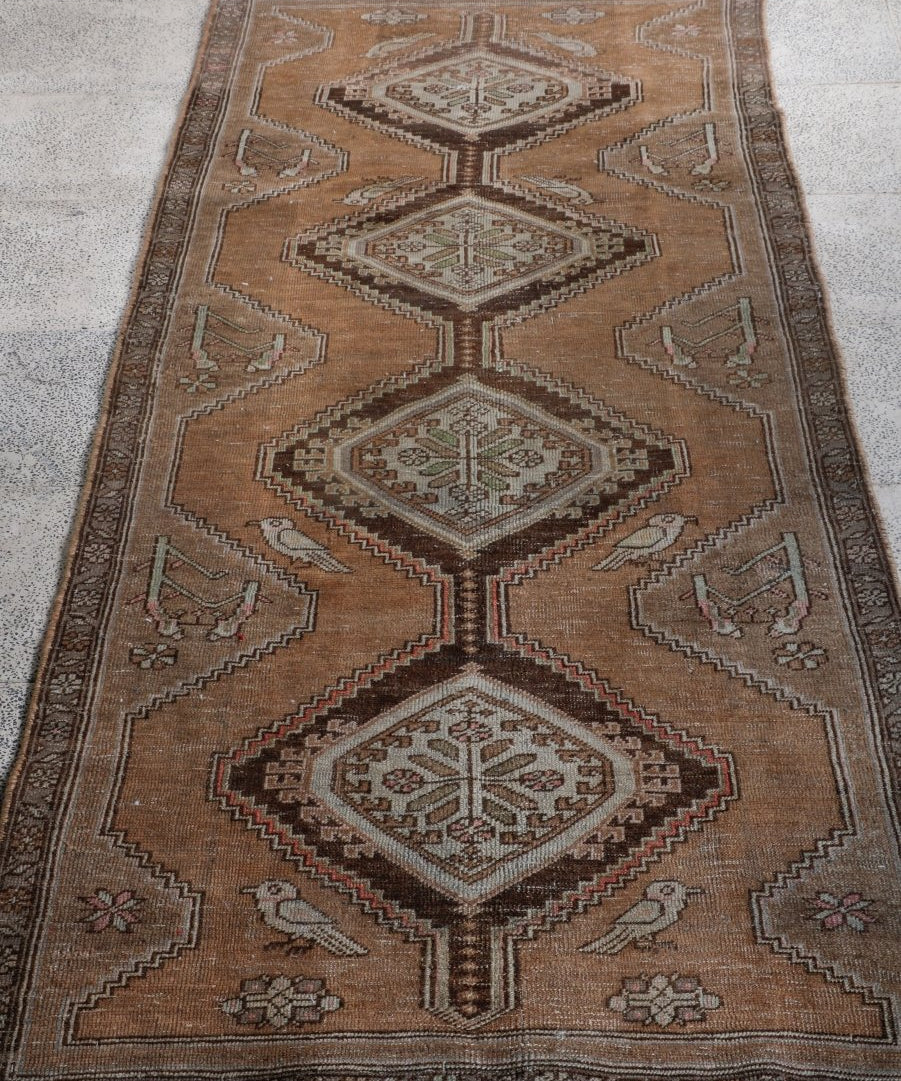 Tan runner rug with geometric medallion pattern and dark border, short fringe ends.