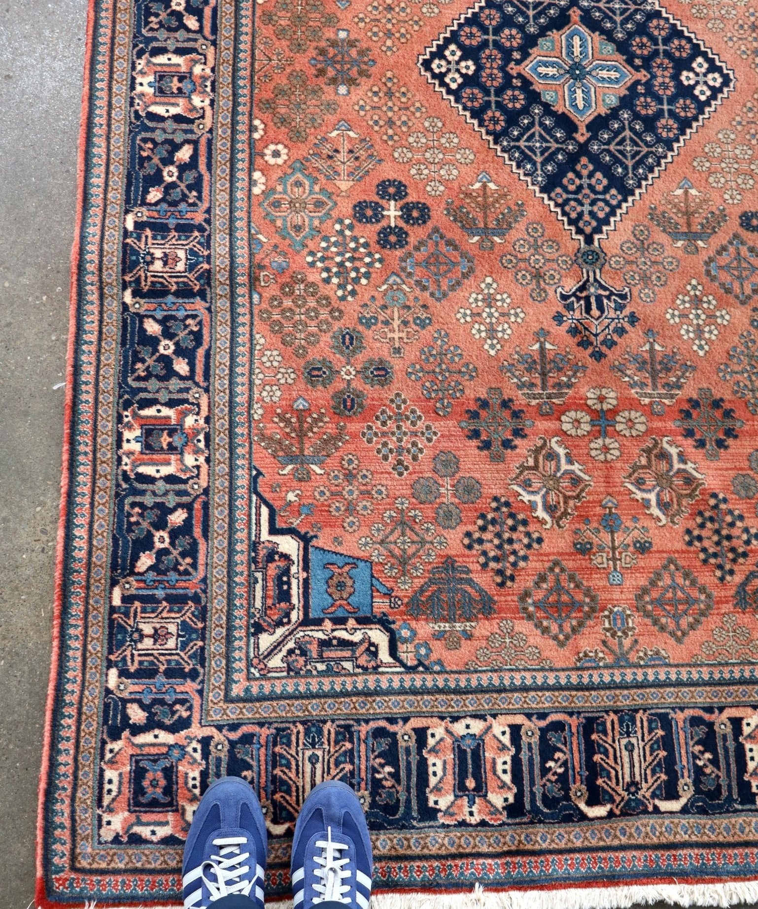 Rust Persian-style rug border detail with navy corner panel, small motifs, white fringe
