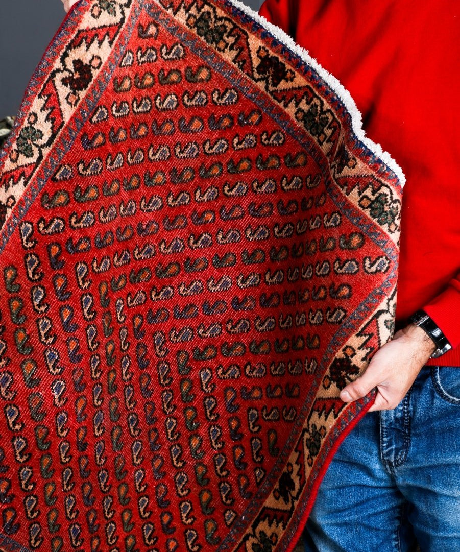 Red patterned rug with fringed border, held by hands; visible decorative corner design.