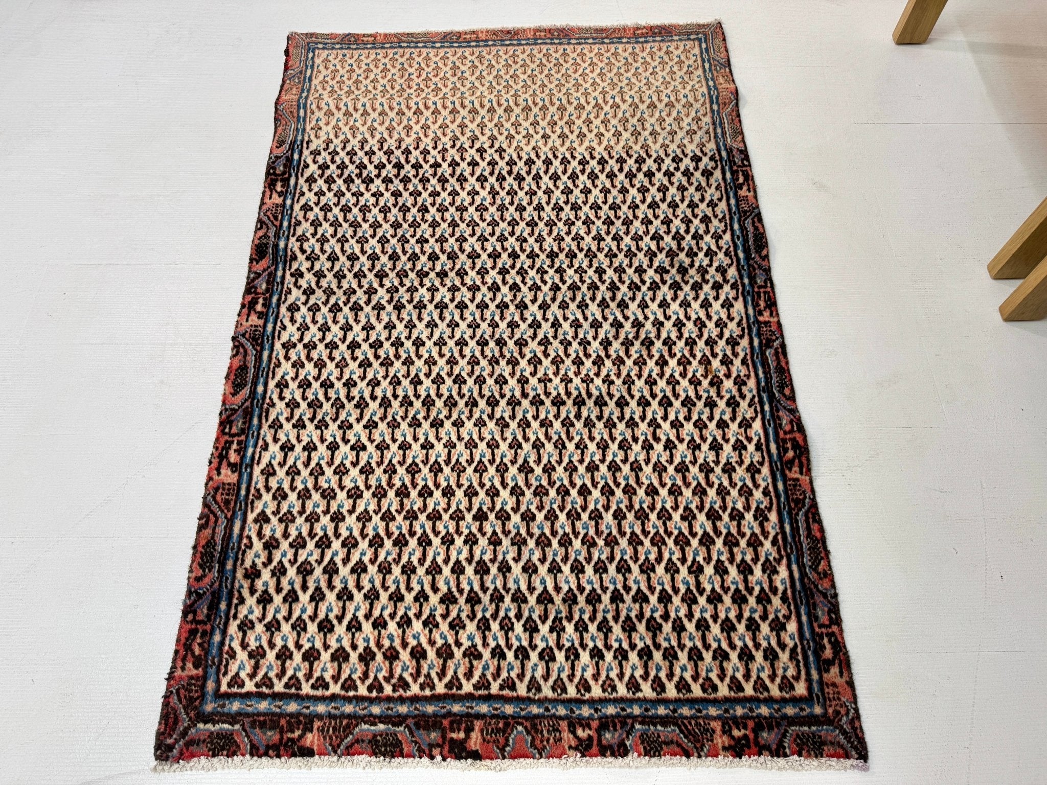 Persian Mir-Boteh rug with cream field, dark motifs, and red-blue framed border.