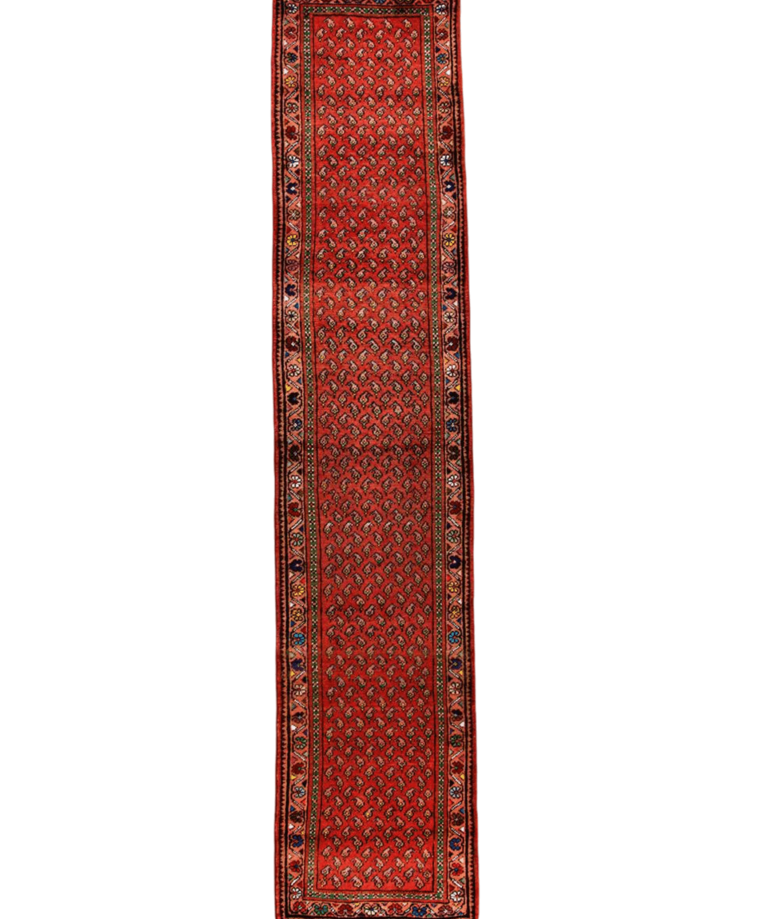 Persian Mir-Boteh runner rug with red field, navy border, and geometric motifs.