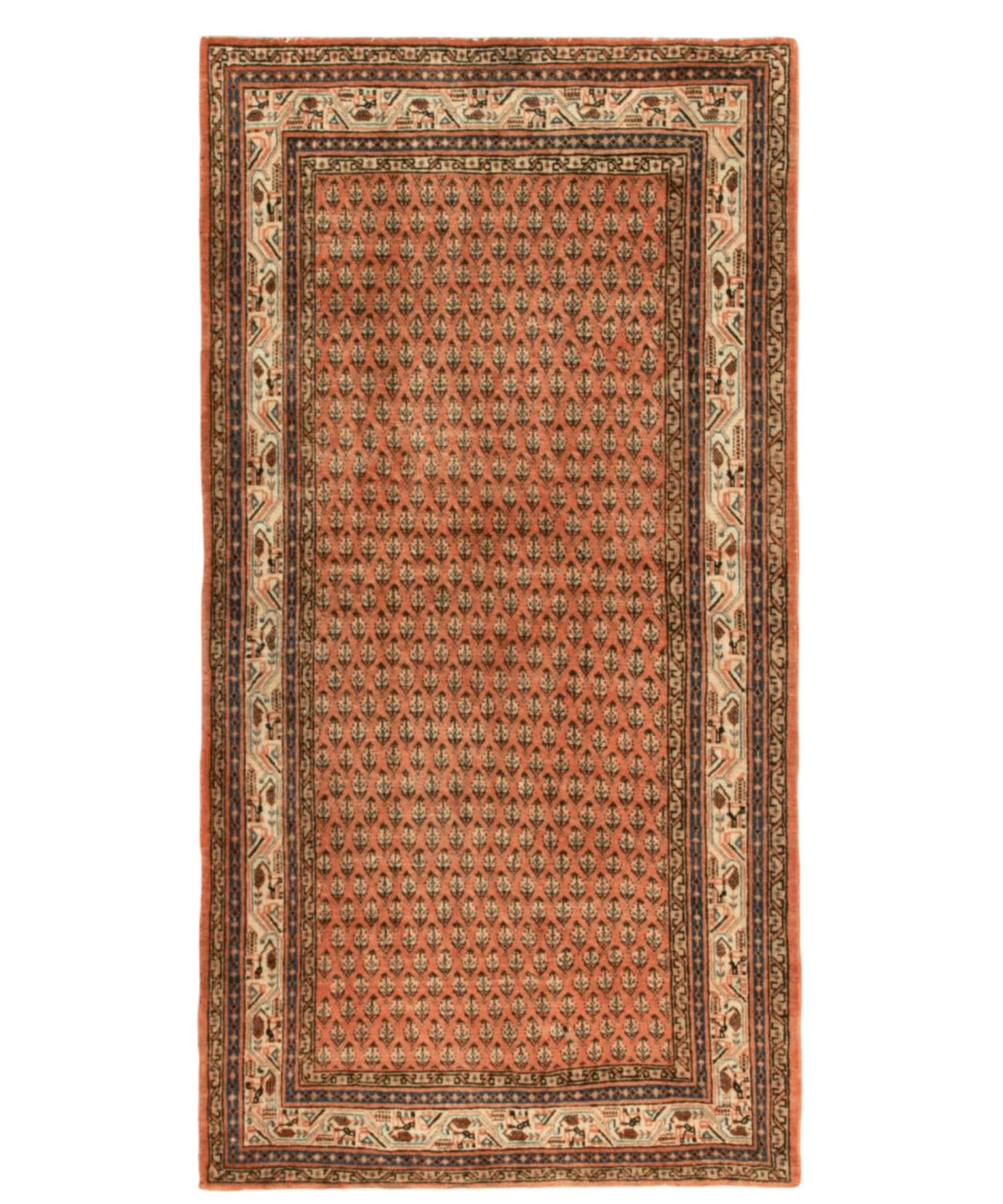 Persian rug with terracotta field, navy and cream geometric border and medallion details