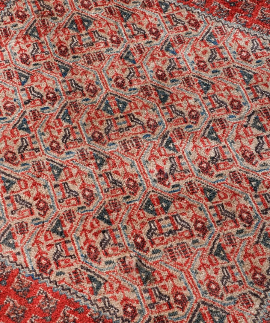 Persian Mir rug close-up with red background and multicolor geometric motifs in cream and blue.