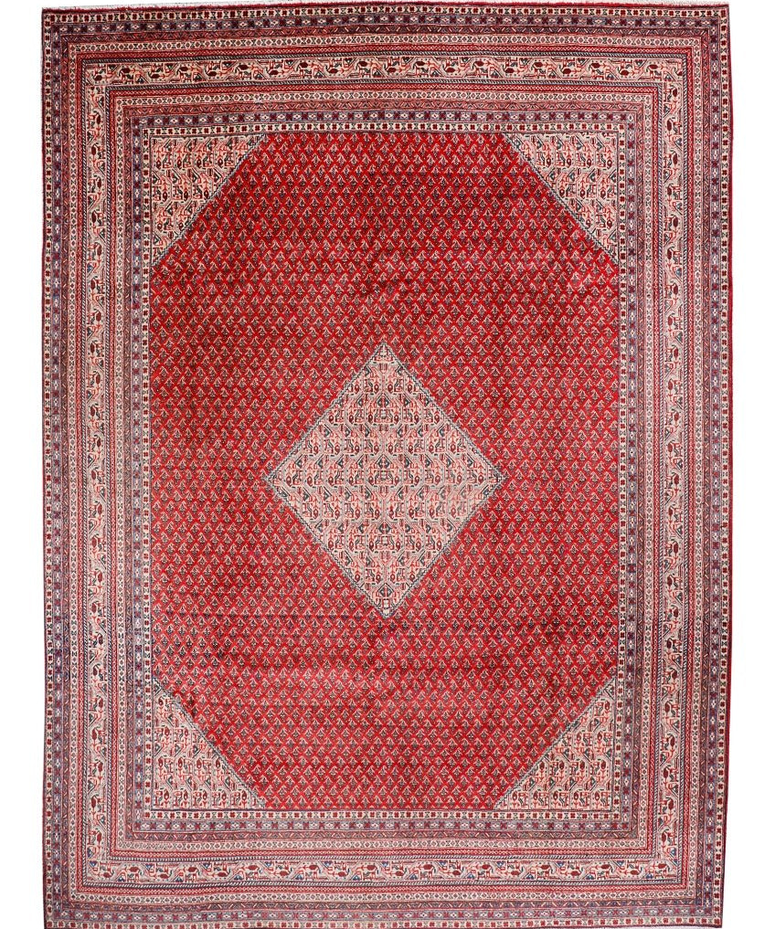 Persian-style area rug, red center diamond with light border panels and stripes
