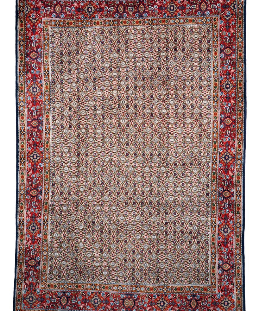 Square Persian rug with light beige center, red frame, and repeating floral motifs