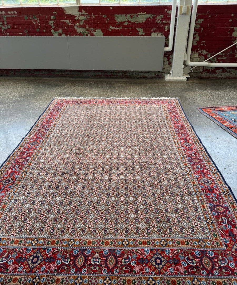 Persian-style rug with red border and cream field, medallion motifs and multicolor pattern