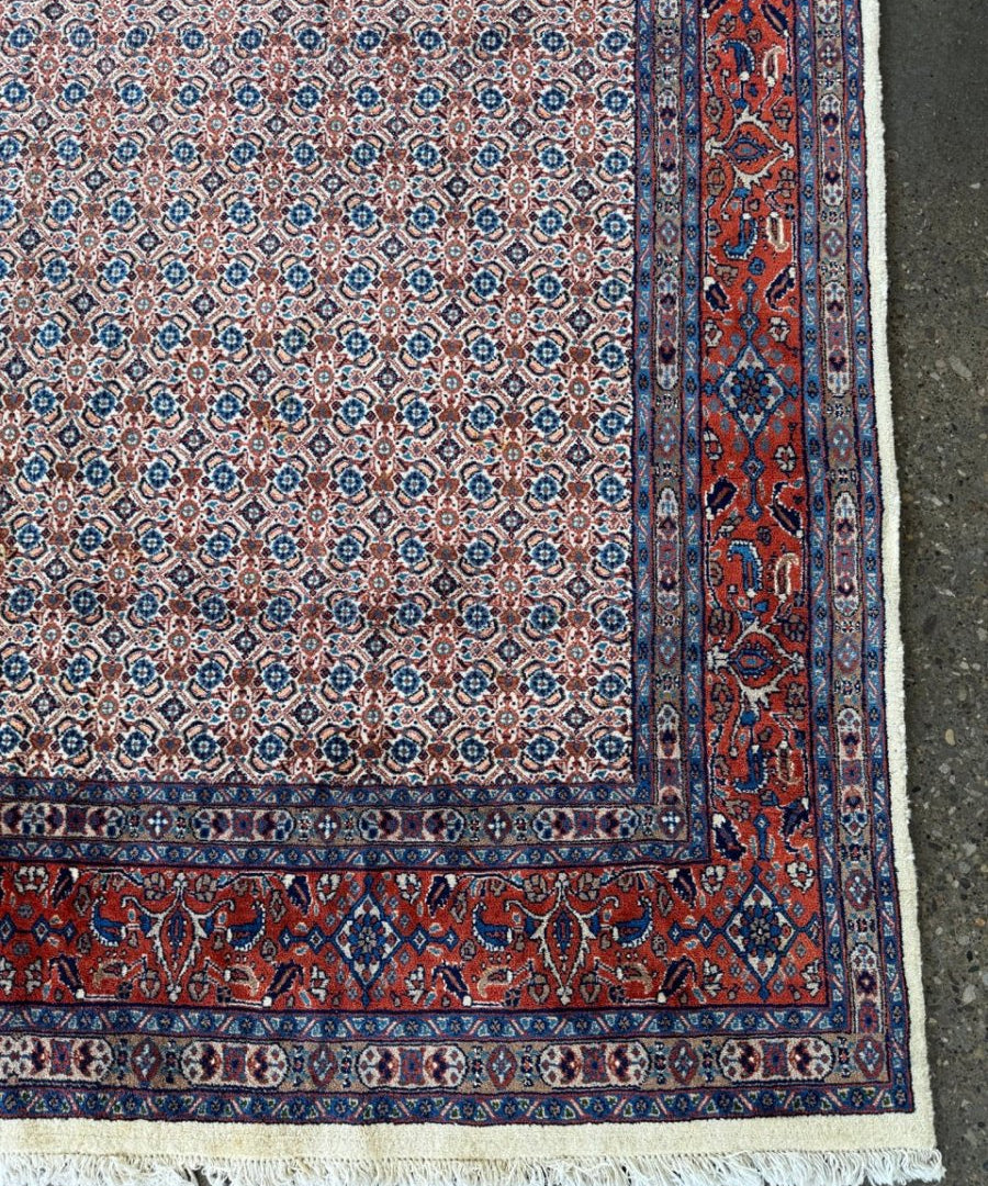 Persian-style rug corner with light blue center and red panel border