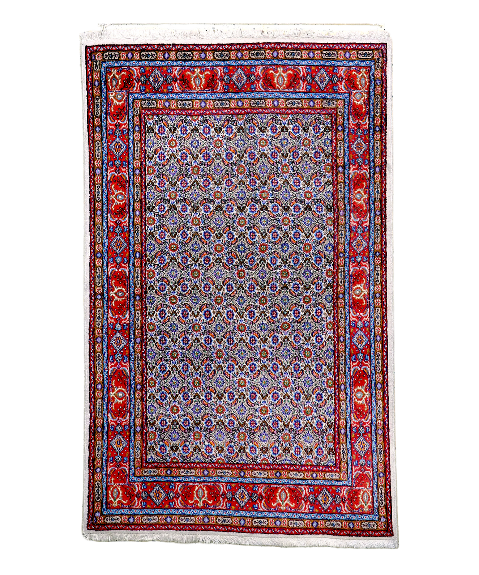 Persian-style area rug with ornate red border and blue floral medallions on light background