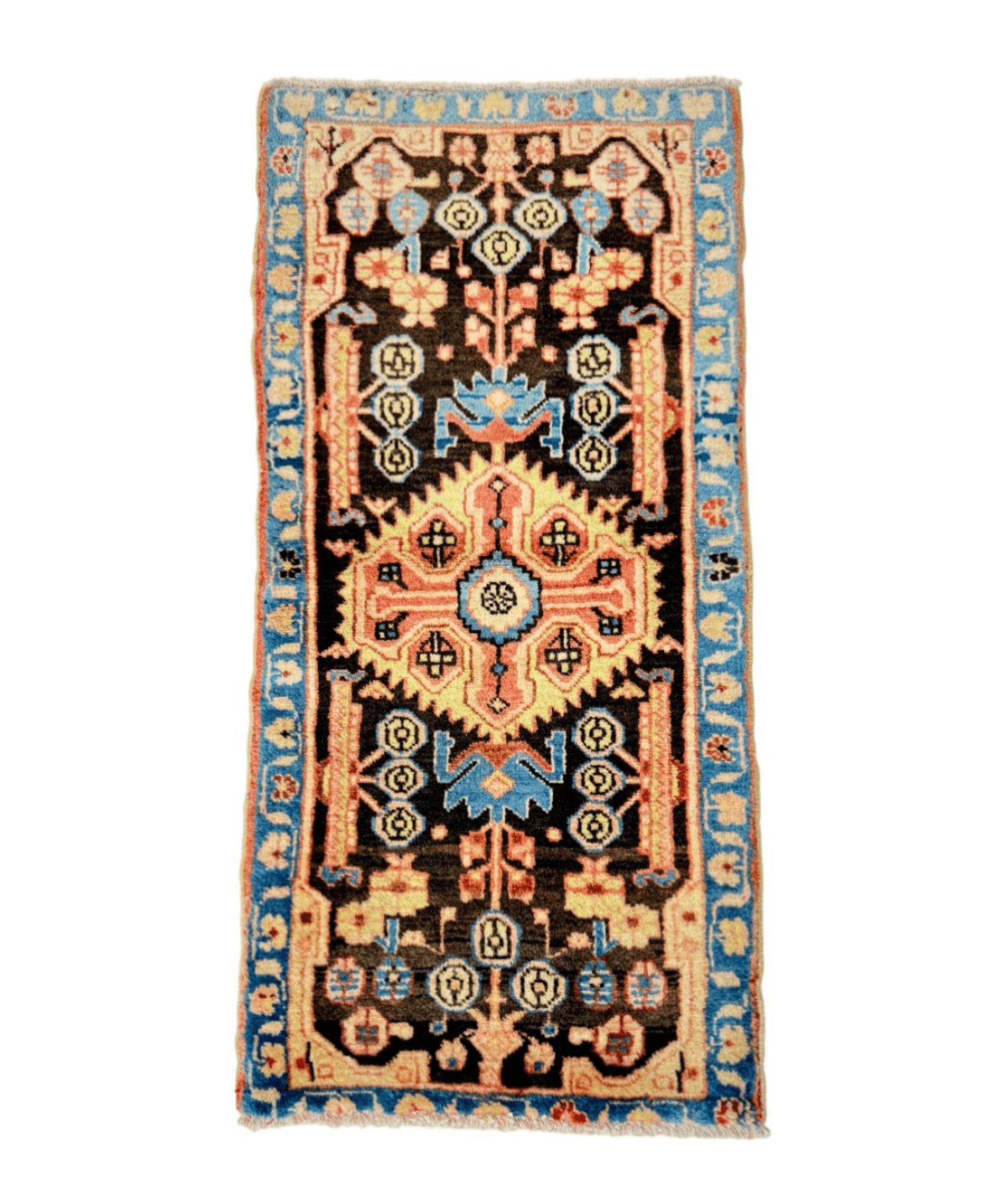 Persian Nahavand rug, black base with blue and peach geometric medallions