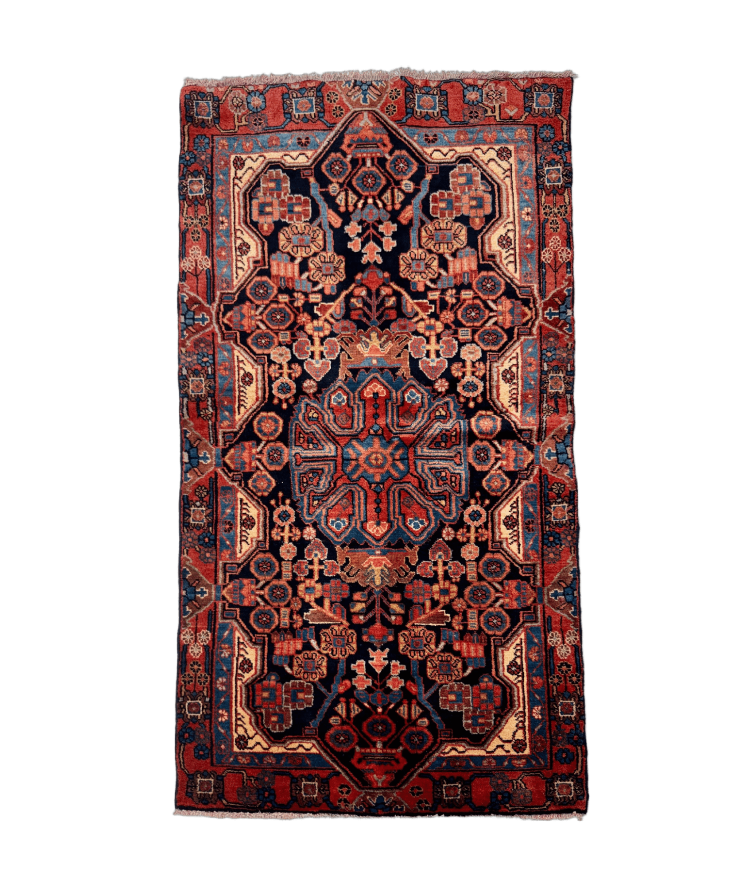 Persian Nahavand rug with dark navy, red geometric medallion center, rectangular 3x5'8"