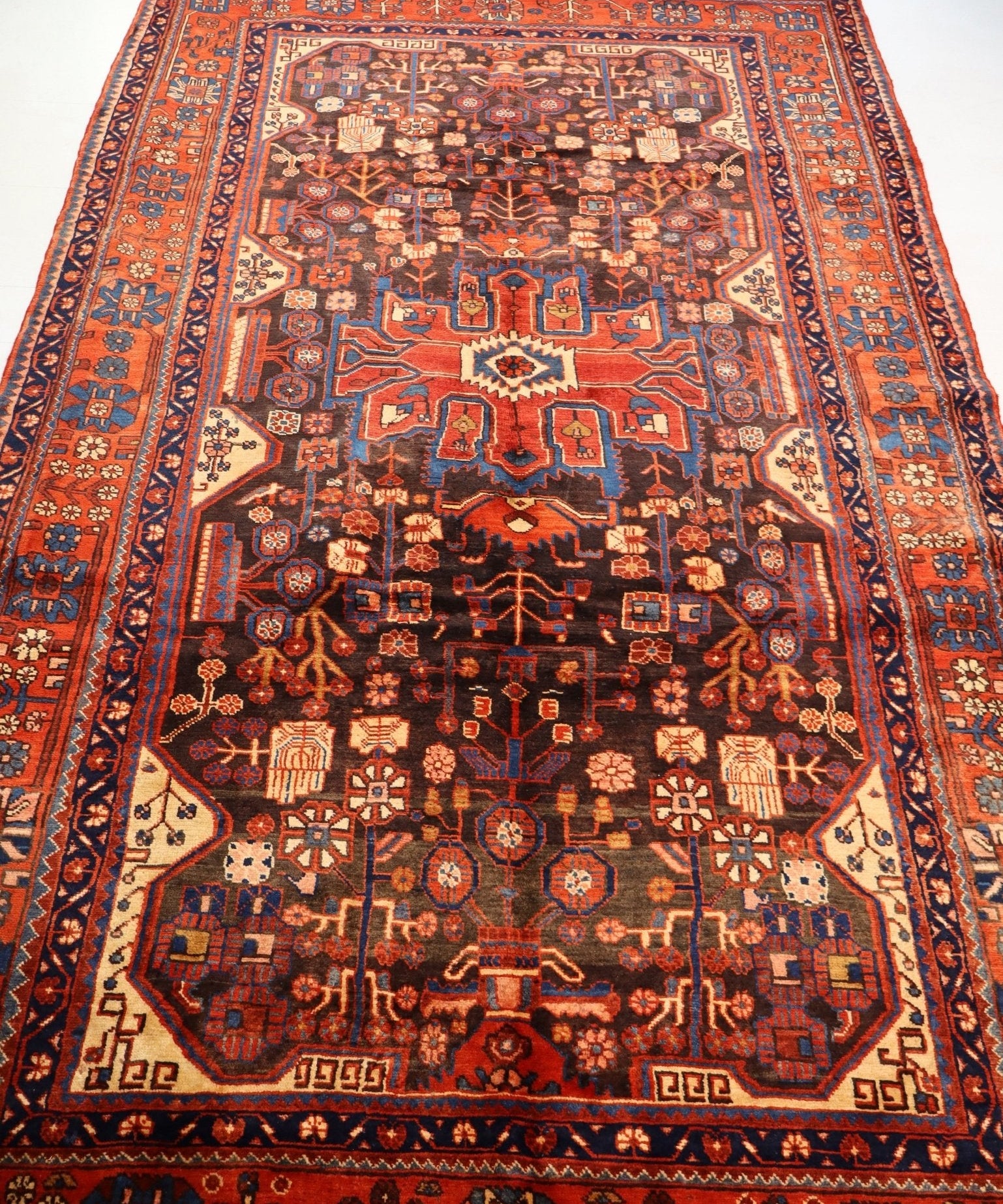Persian-style area rug with red outer border and dark brown patterned center with central medallion