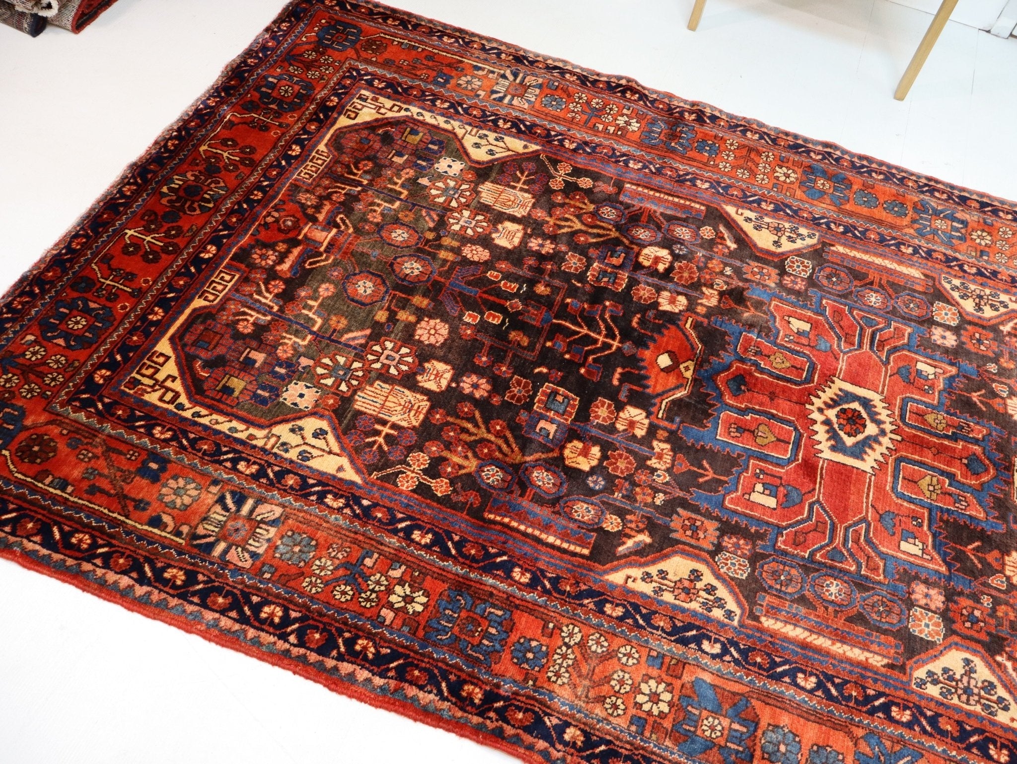 Persian-style area rug with red and dark brown field, blue accents, ornate central medallion