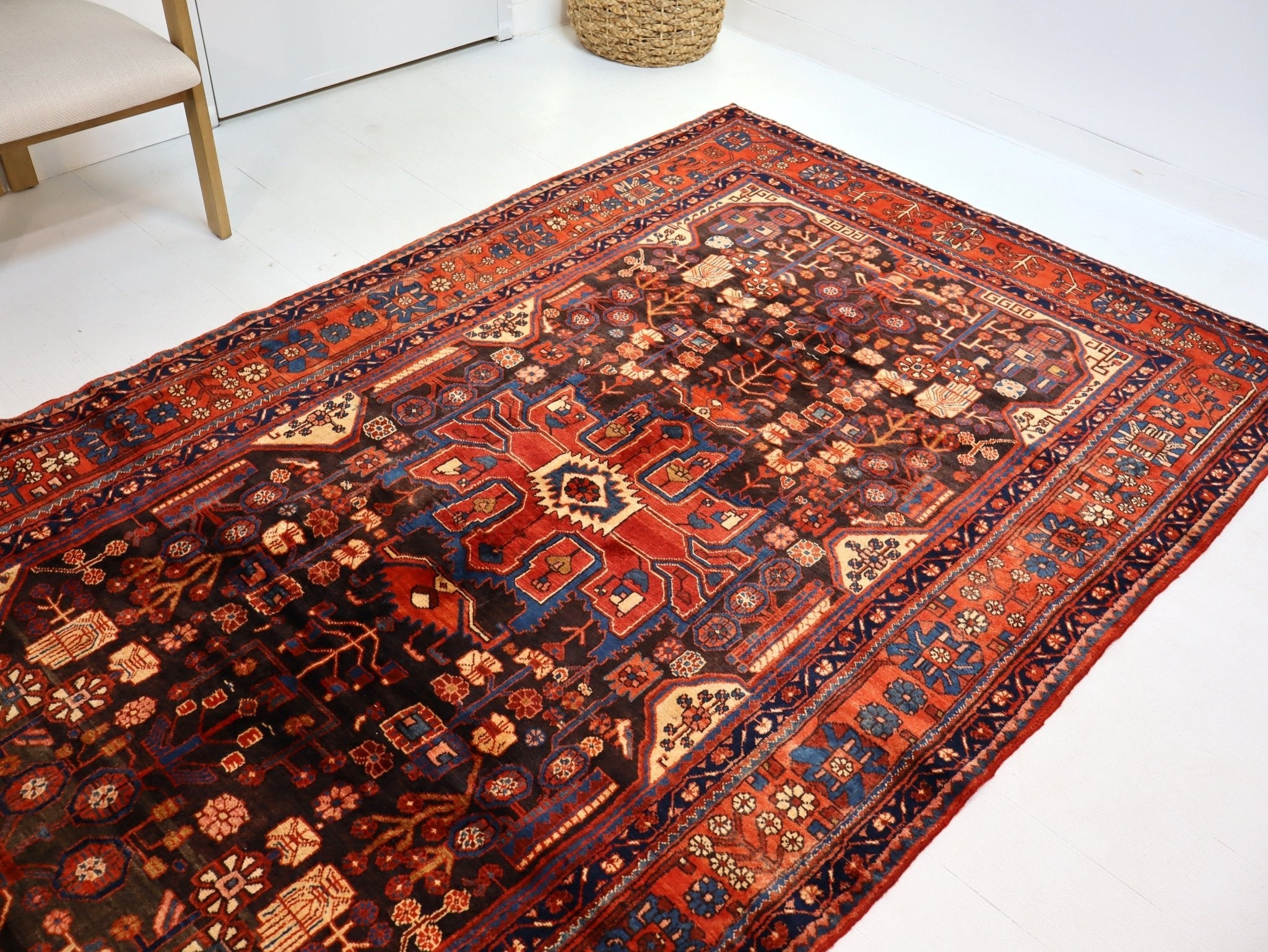 Persian-style area rug laid out diagonally with red border, dark pattern, and blue ornamental details