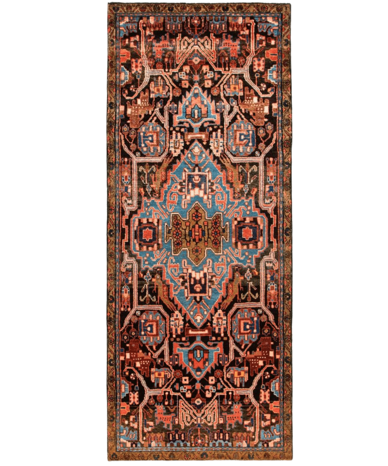 Persian runner rug with dark red center medallion and blue geometric motifs