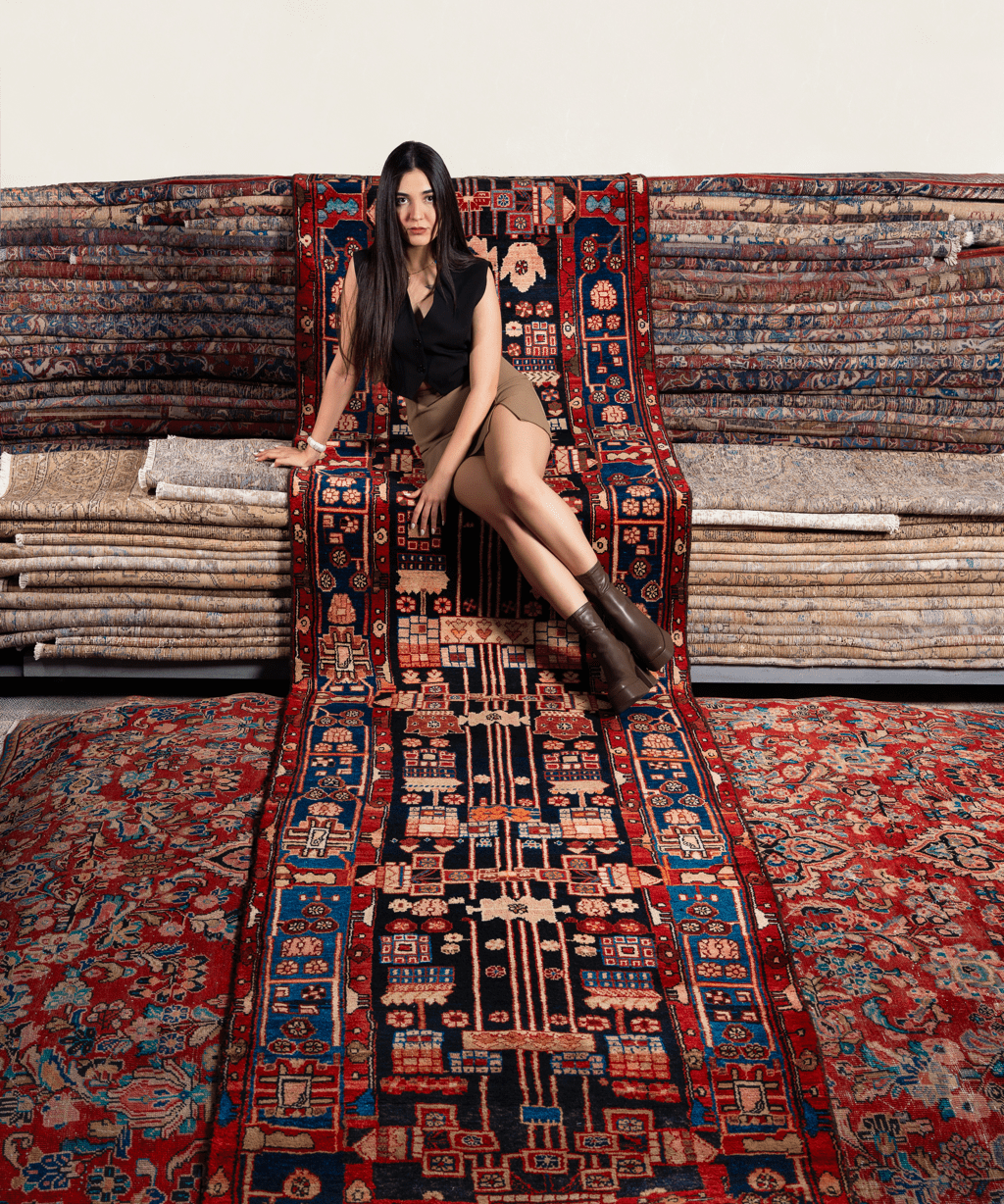 Persian Nahavand runner rug with red, navy, cream geometric medallion pattern