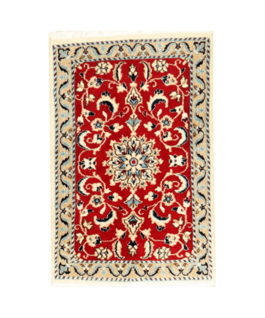 Persian Nain rug square design with red floral medallion on cream frame