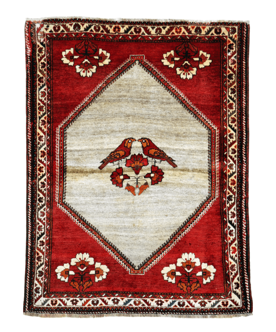 Persian Qashqai Gabbeh rug, red and ivory, diamond medallion with bird and floral center