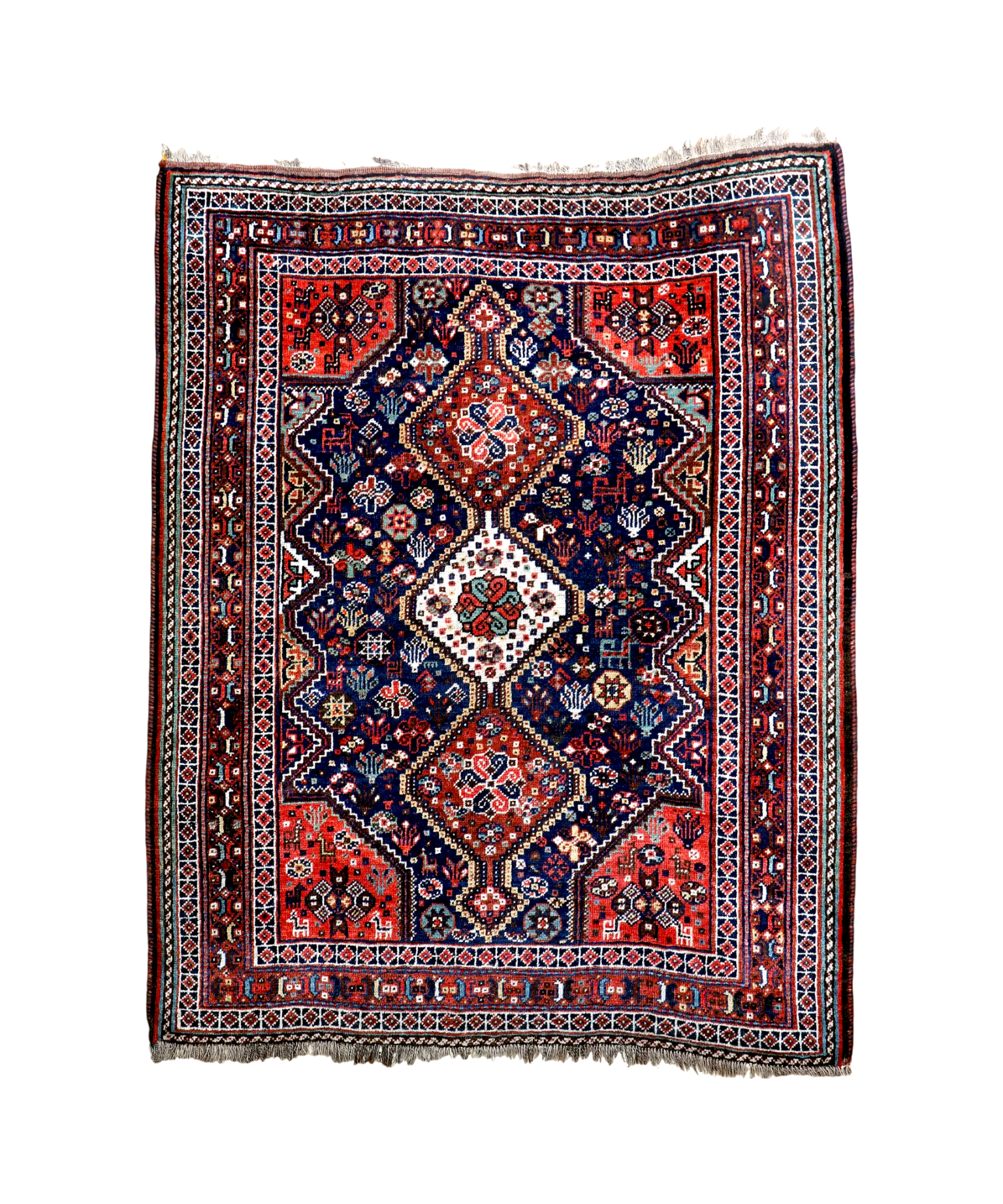 Persian Qashqai-style rug centered medallion with navy, red, and ivory border