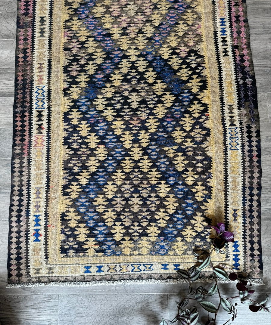 Kilim runner rug close-up of cream border and navy blue geometric motifs