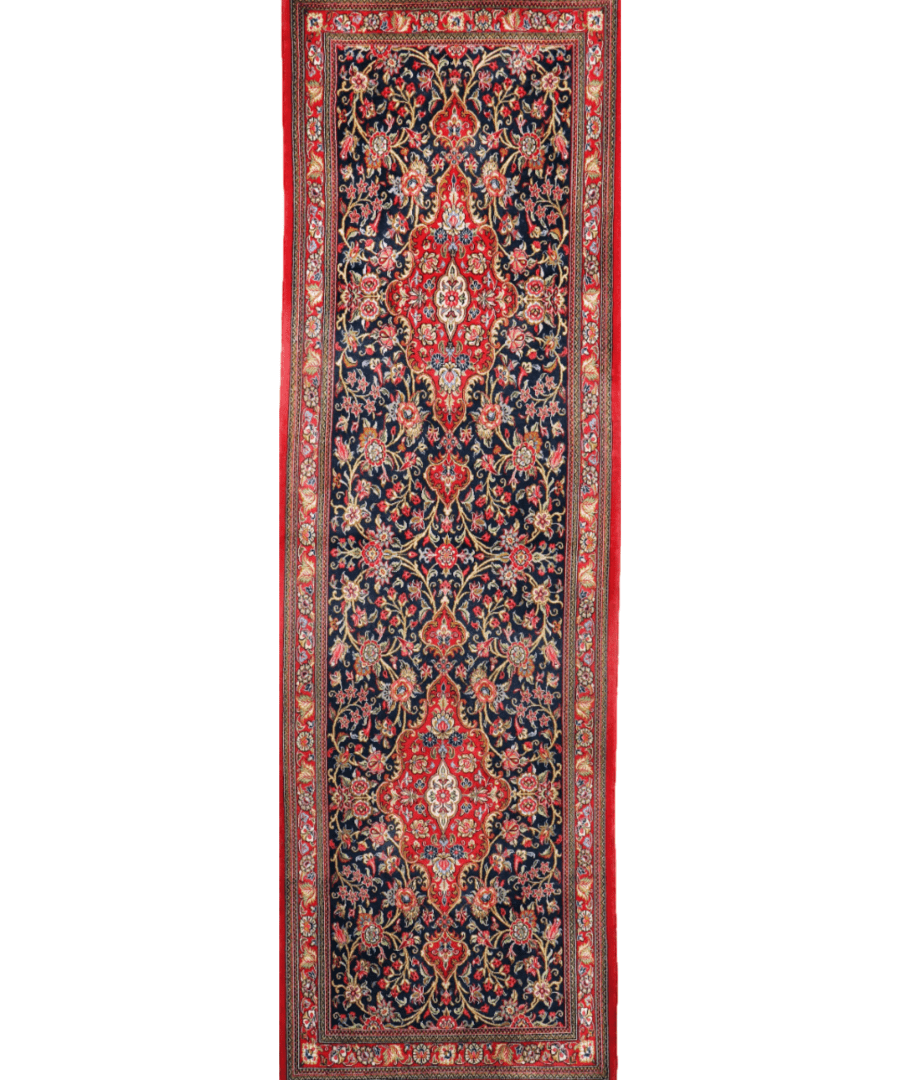 Persian Qom Kork wool runner rug, centered view with red frame and navy floral layout