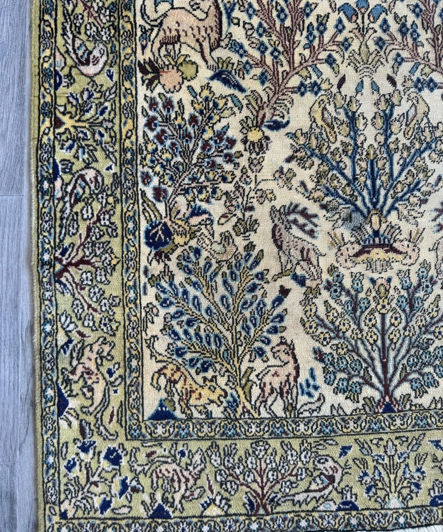 Persian Qom area rug, cream with blue and gold floral border and medallions