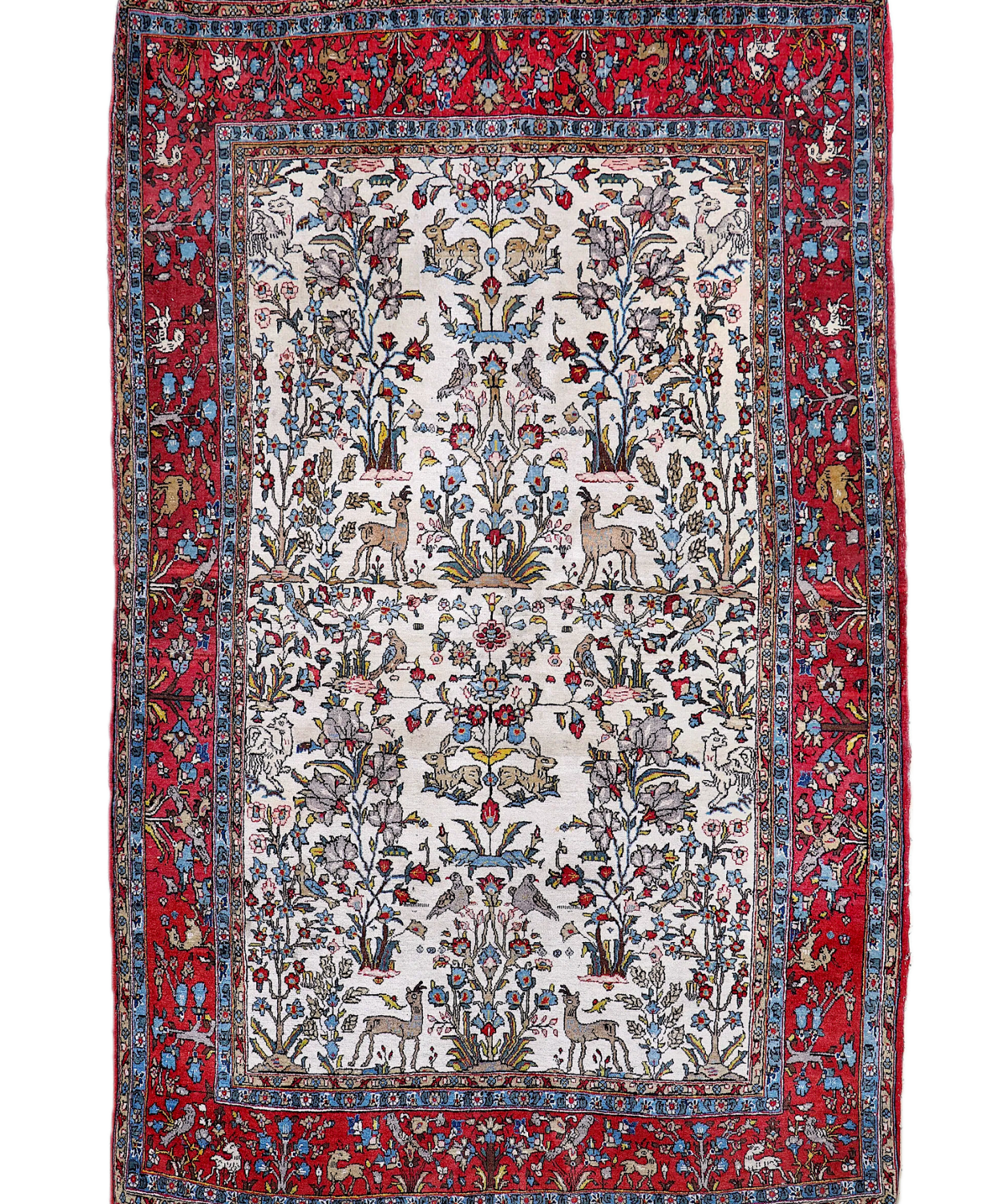 Persian Qom rug flat view, red frame and cream center with floral and animal pattern