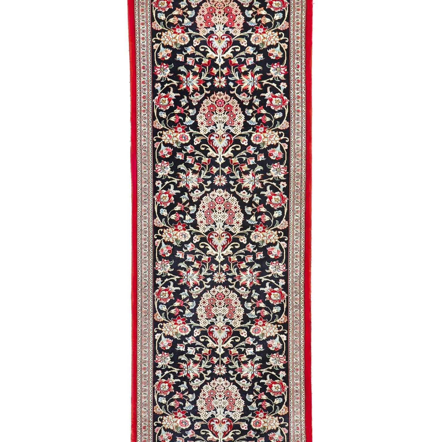 Persian Qom runner rug, navy with red border, 2'4" x 6'9"