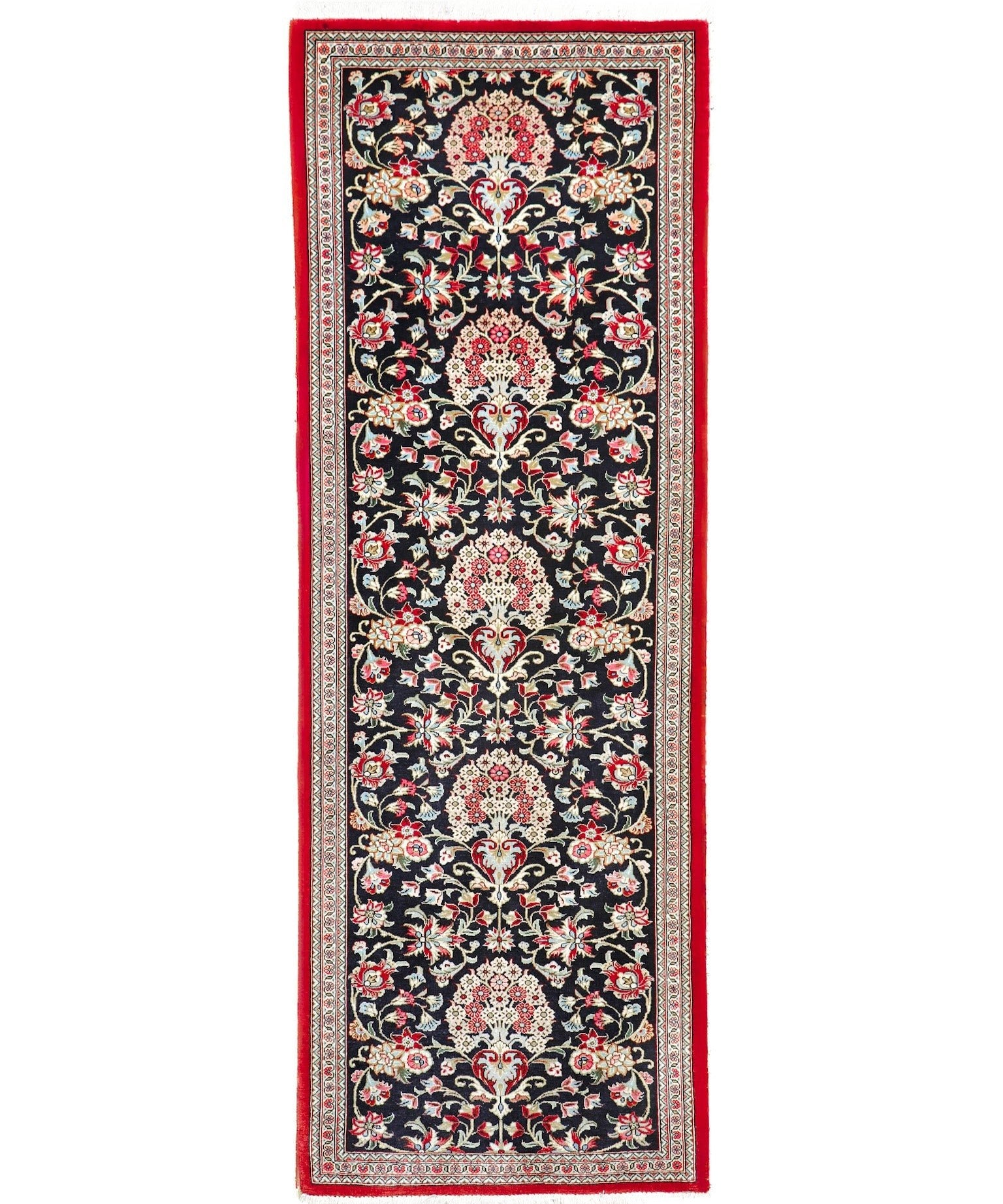 Persian Qom runner rug, navy with red border, 2'4" x 6'9"