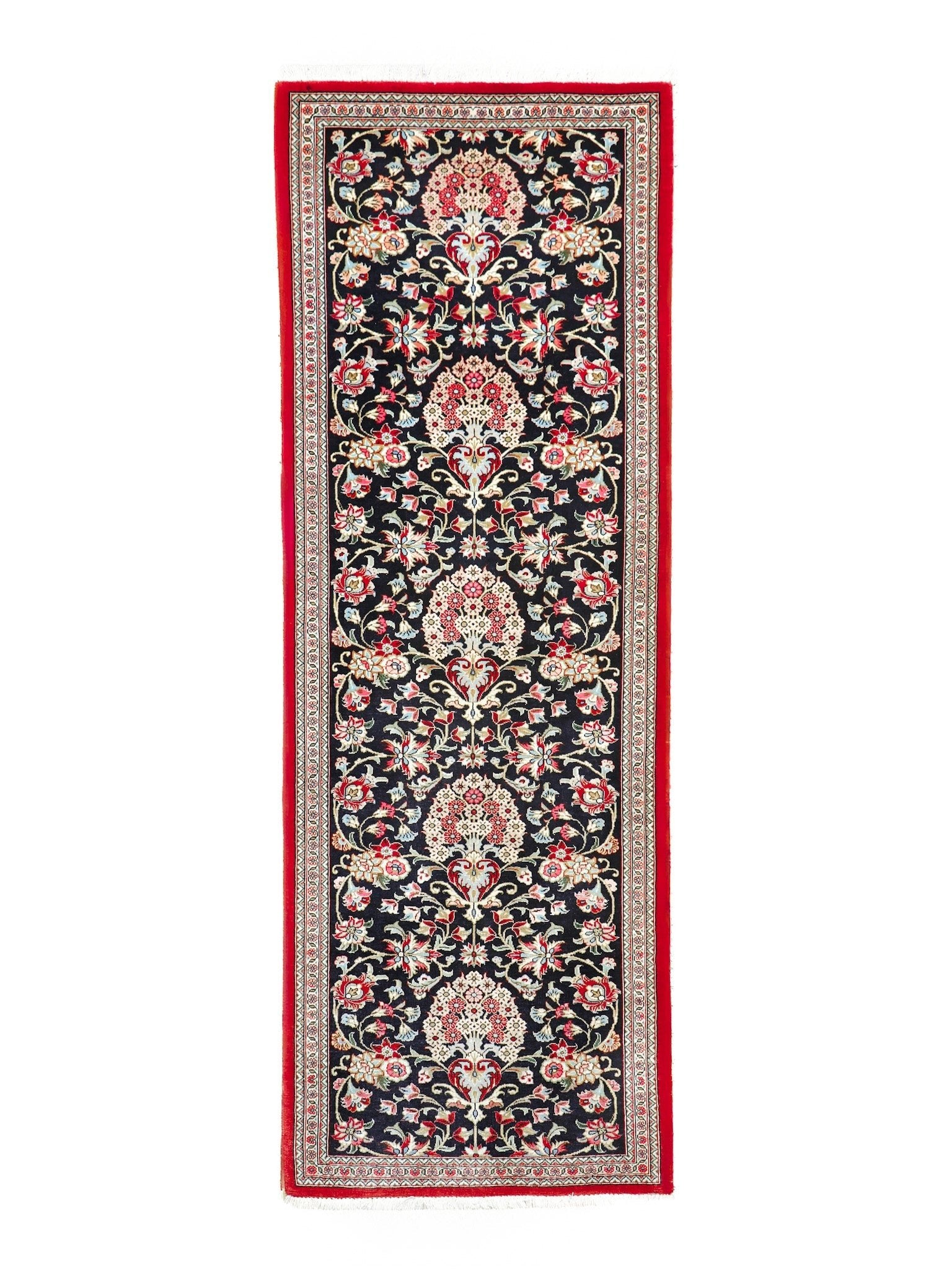 Persian Qom runner rug, navy with red border, 2'4" x 6'9"