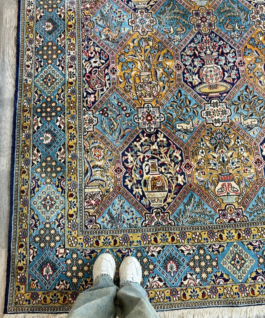 Persian Qum rug with turquoise field, multicolor medallions, ornate floral border, fringe