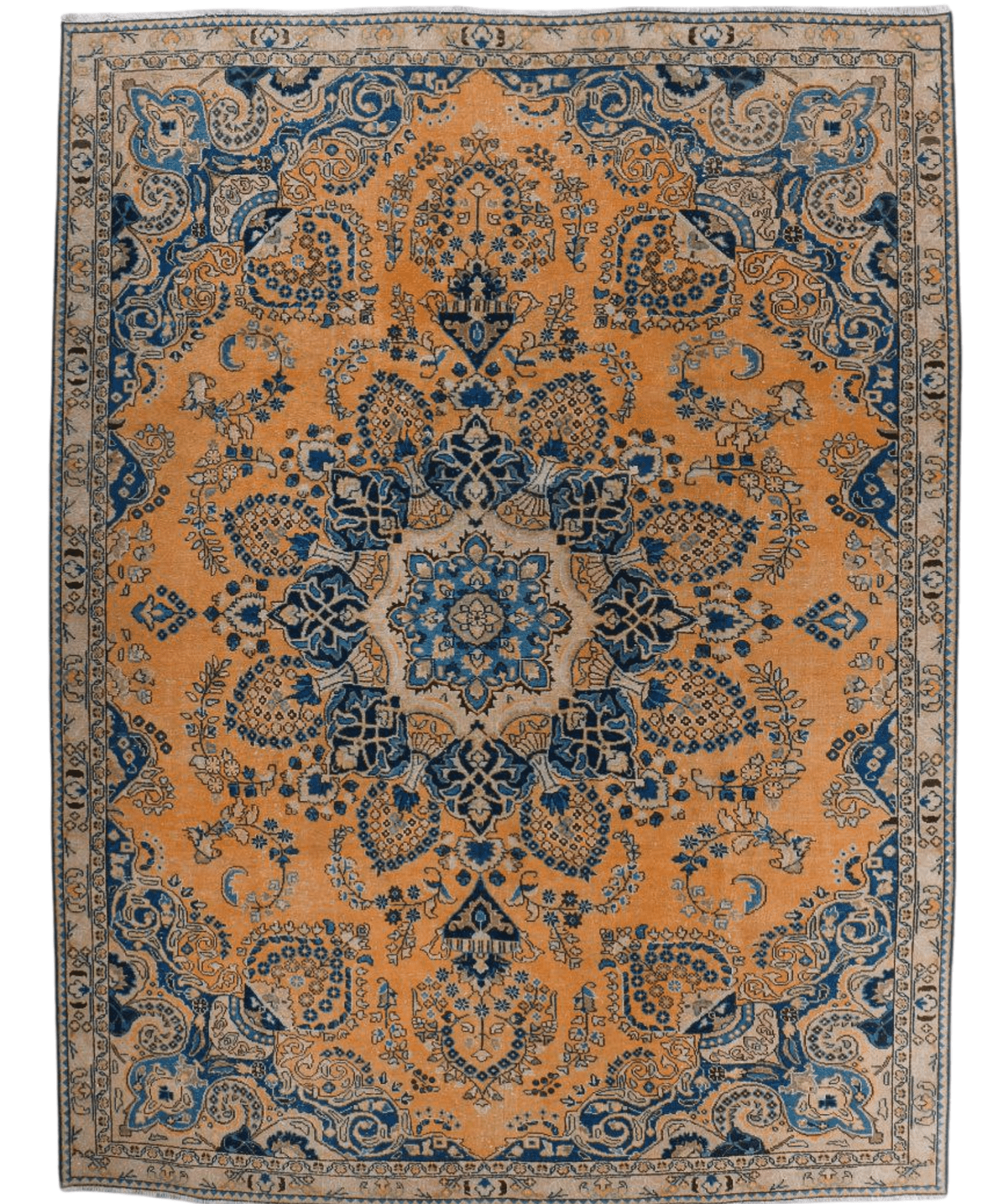 Persian-style square rug design with blue ornamental medallions on tan background