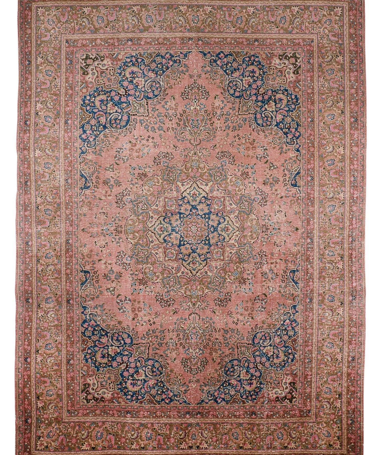 Rose Persian-style rug with central medallion and ornate blue border, detailed motifs