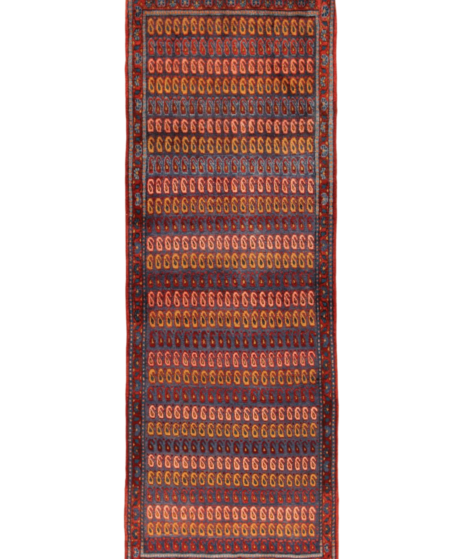 Persian runner rug with deep red field and repeating geometric ring motifs on blue