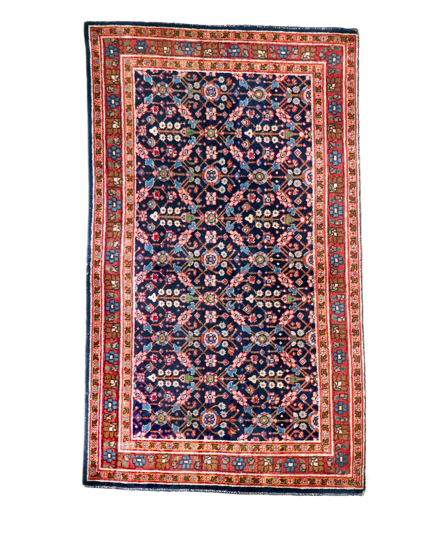 Persian Sarouk rug, vertical navy blue field with red and ivory patterned border
