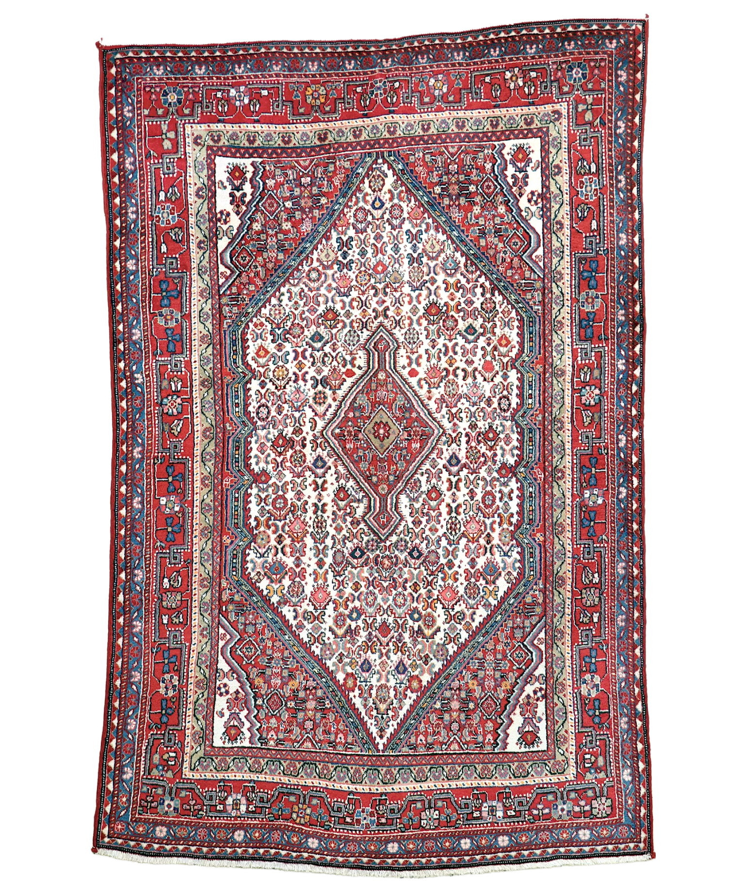 Persian-style Sarouk area rug in red, blue, and cream with ornate diamond medallion