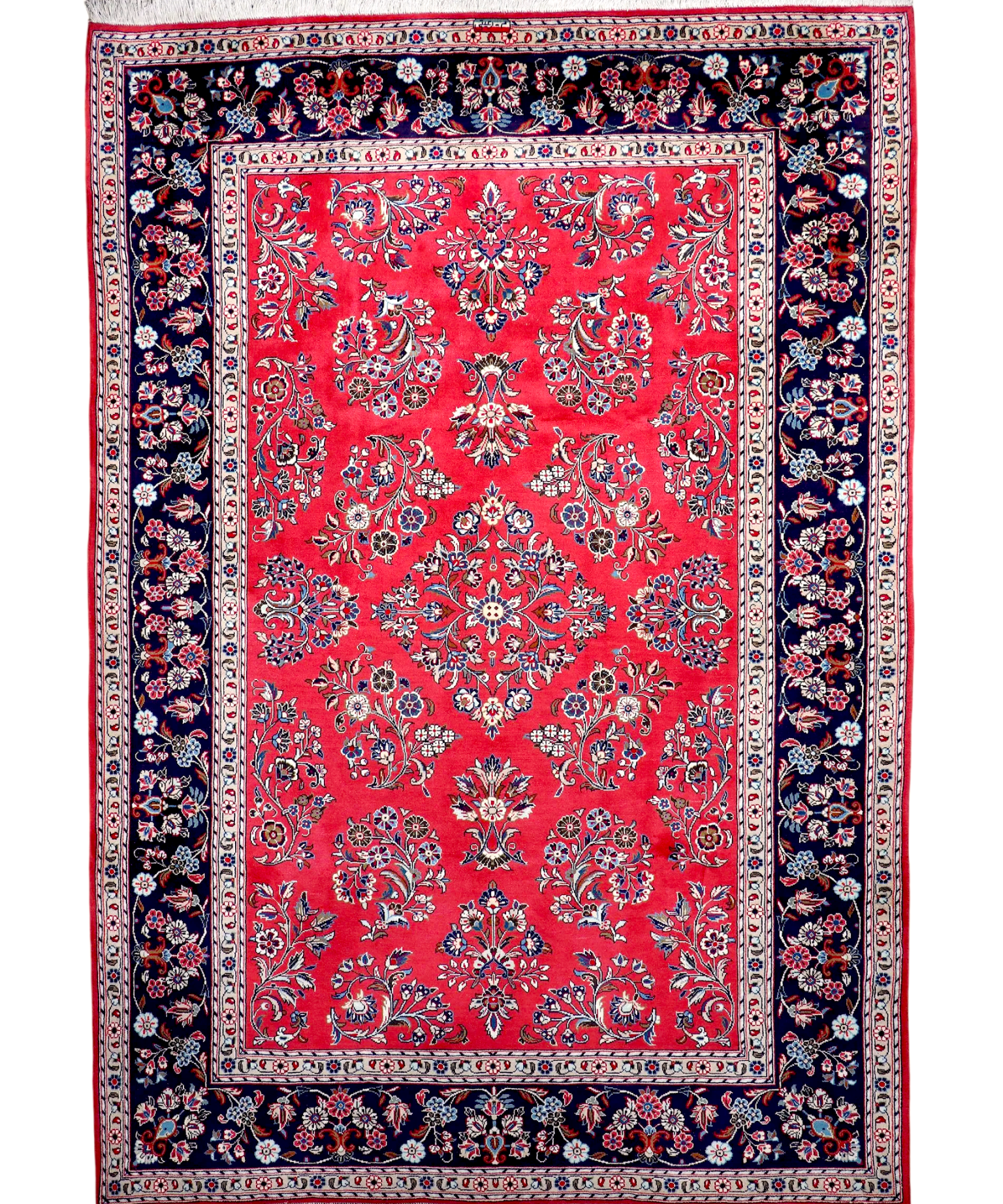 Persian Sarouk rug with red center medallions, navy ornamental border, fringe