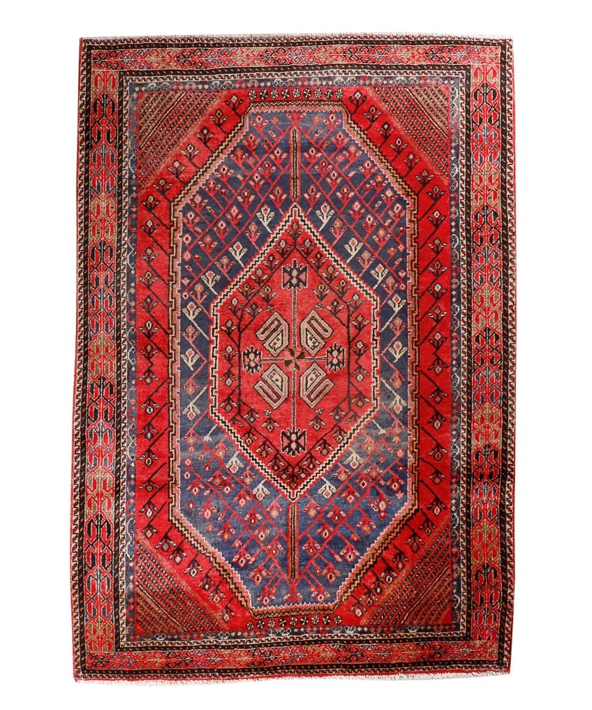 Persian Shahreh-Babak rug with red, blue and cream geometric medallion design