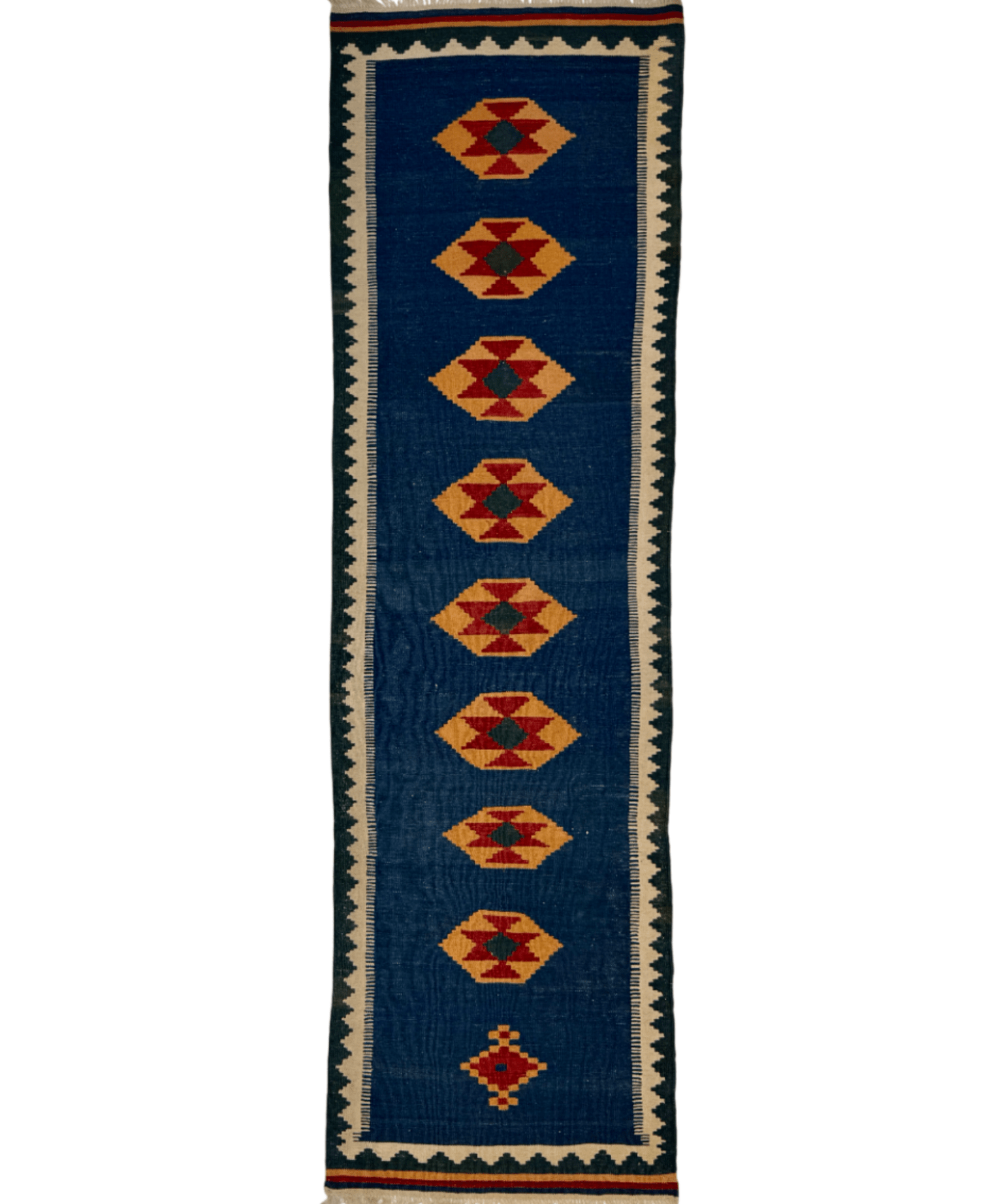 Blue kilim runner with vertical row of orange diamond medallions and cream border