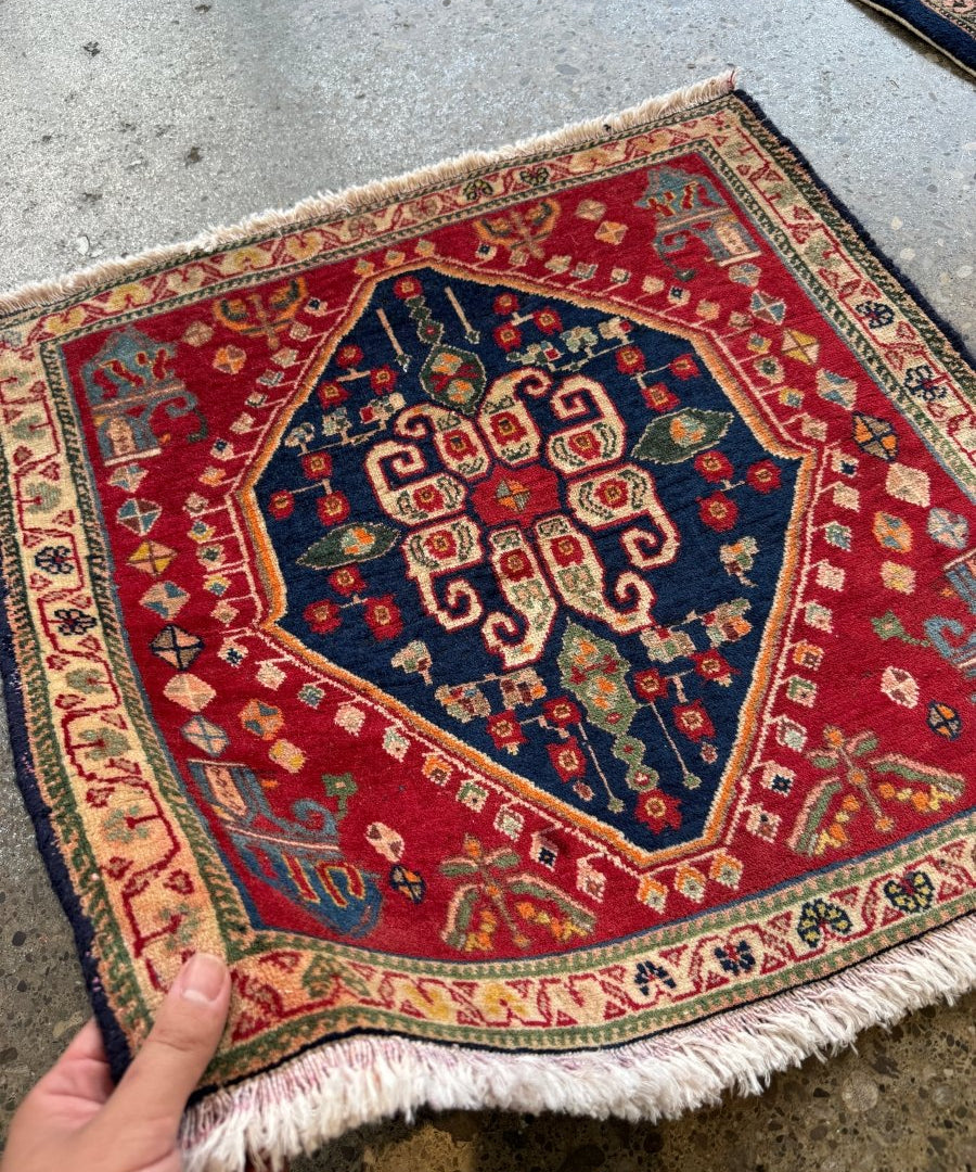 Persian Shiraz rug with dark blue center medallion and red border, fringed ends.