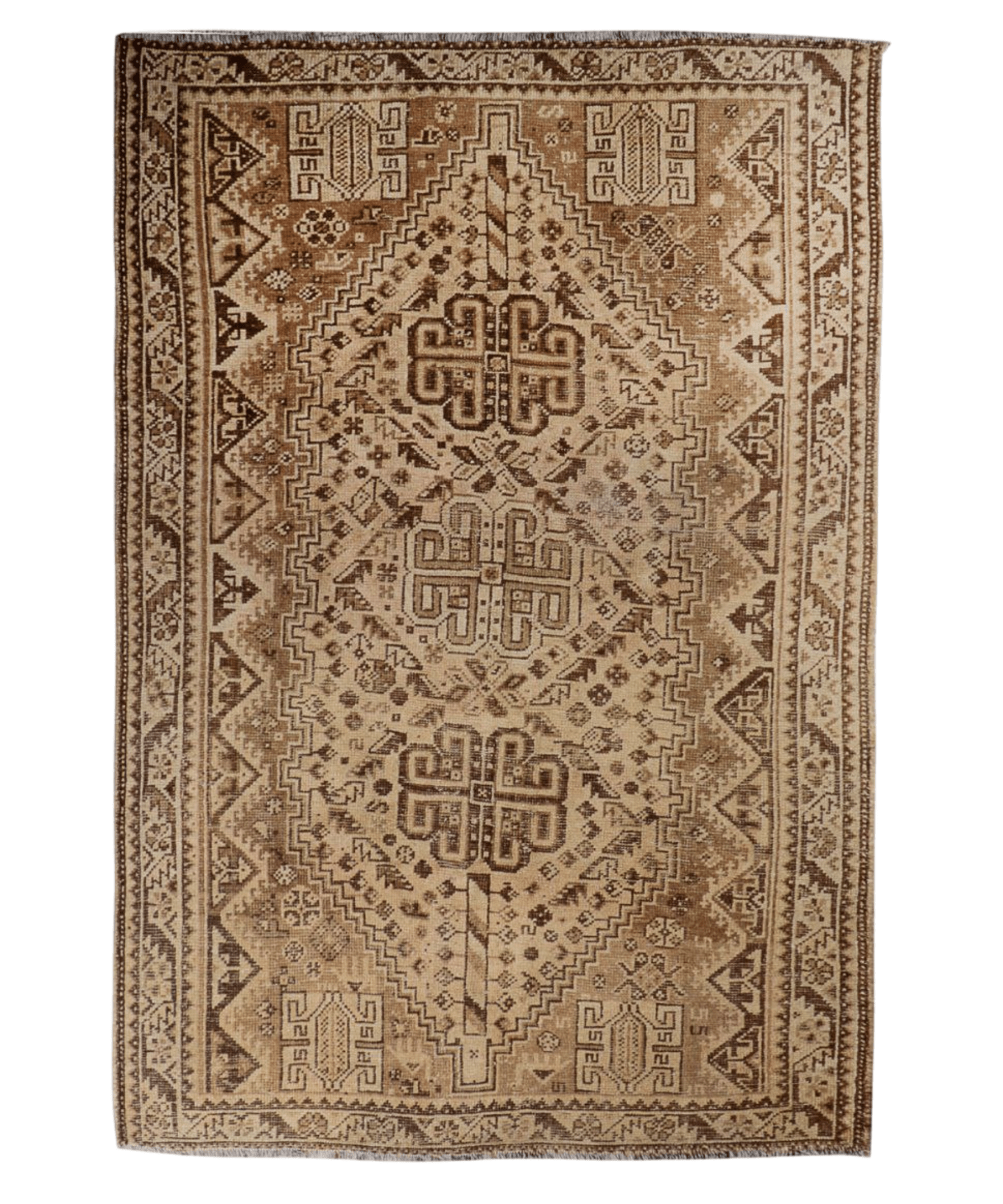 Persian Shiraz rug with tan field and brown medallion and border