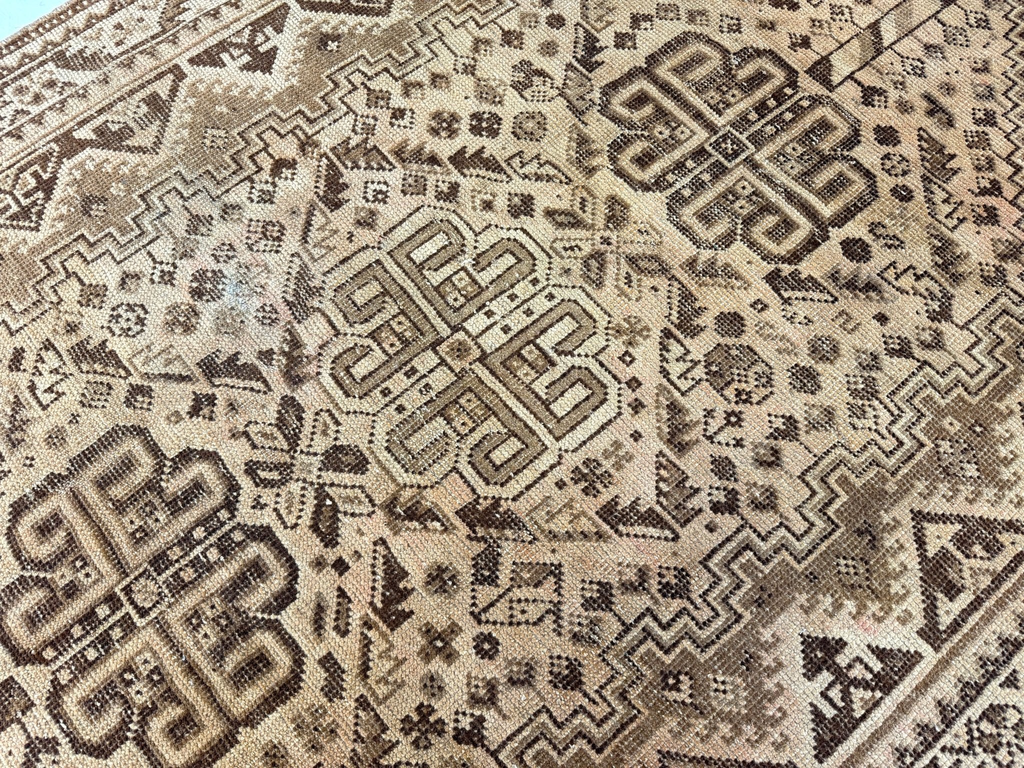 Close-up Persian rug showing beige and dark brown geometric motifs and repeating borders.
