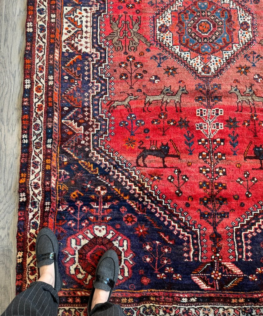 Persian Shiraz rug with red field, navy and white geometric motifs, fringed edge