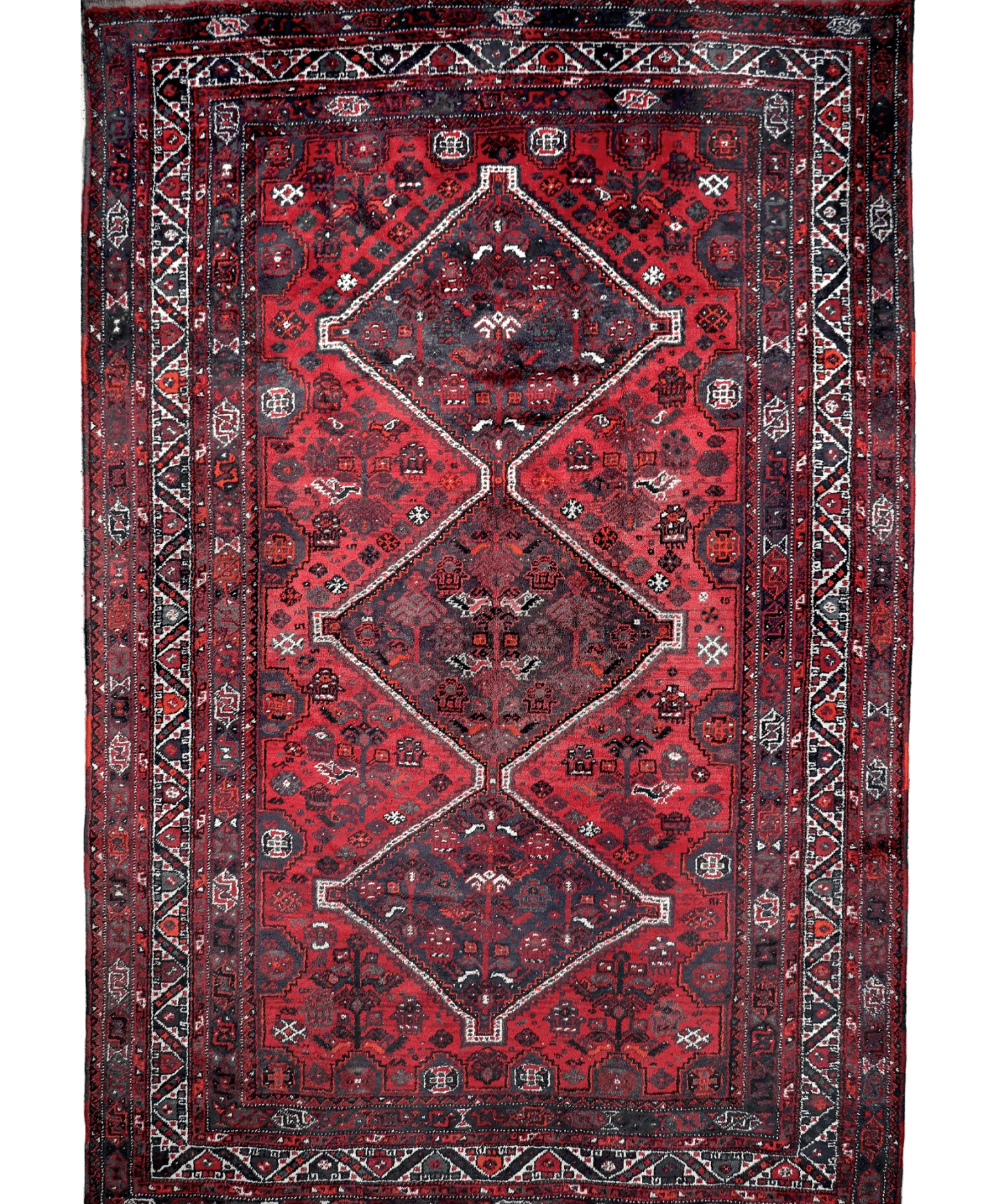 Persian Shiraz rug full view, red central diamond medallion with ornate border