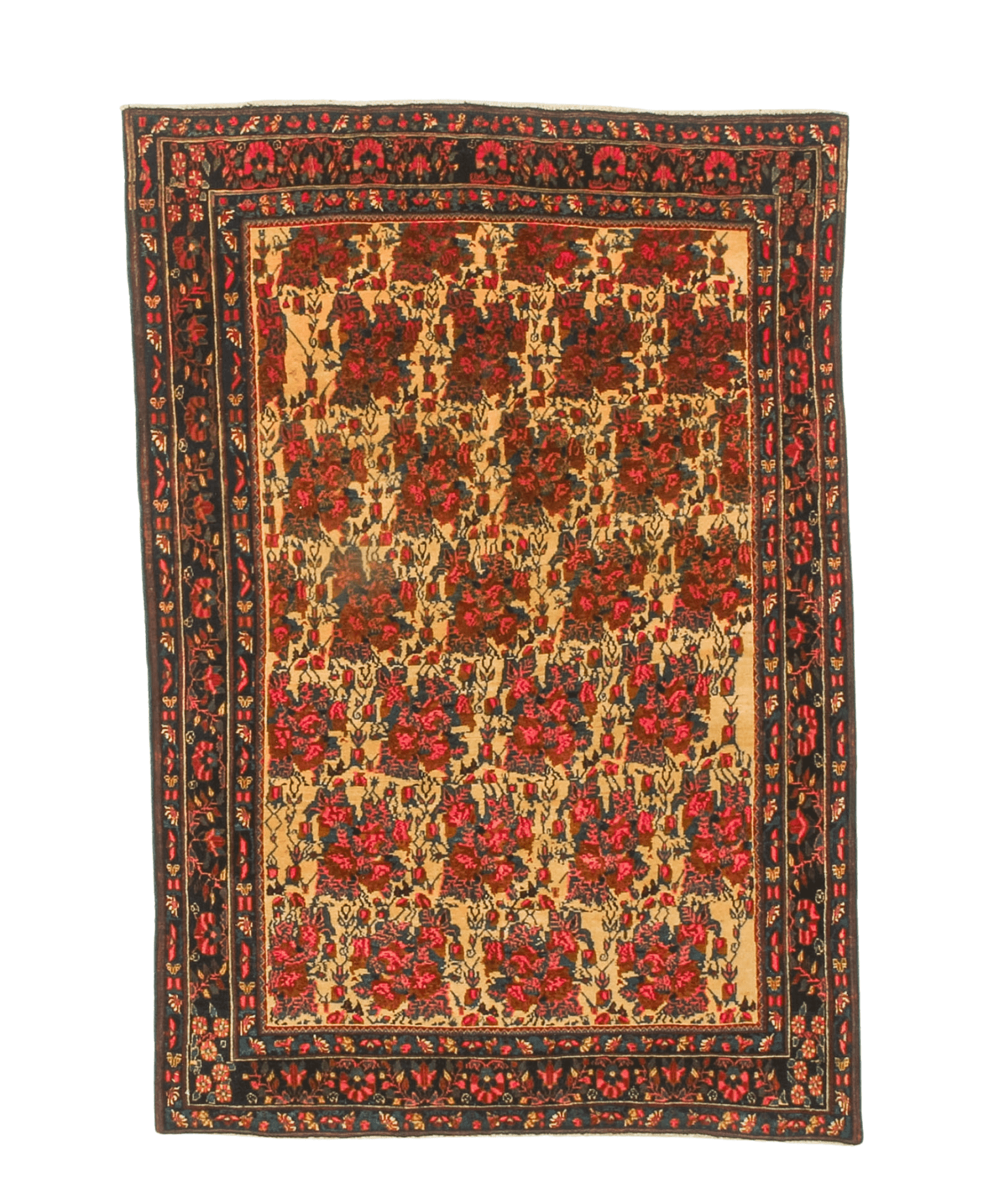 Sirjan rug with red and gold patterned center and dark navy border