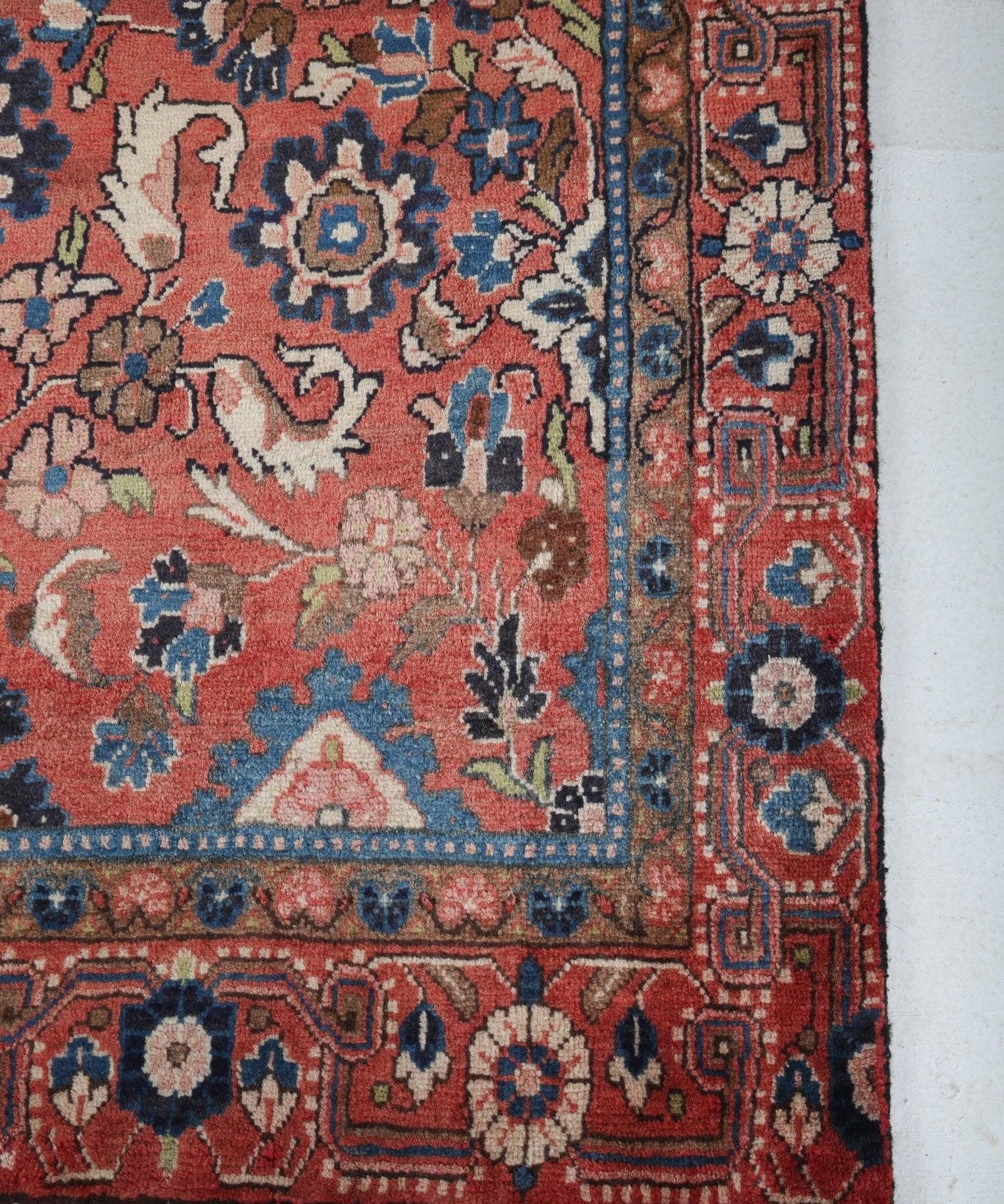 Persian-style runner rug border close-up with rust red and blue rosette medallions