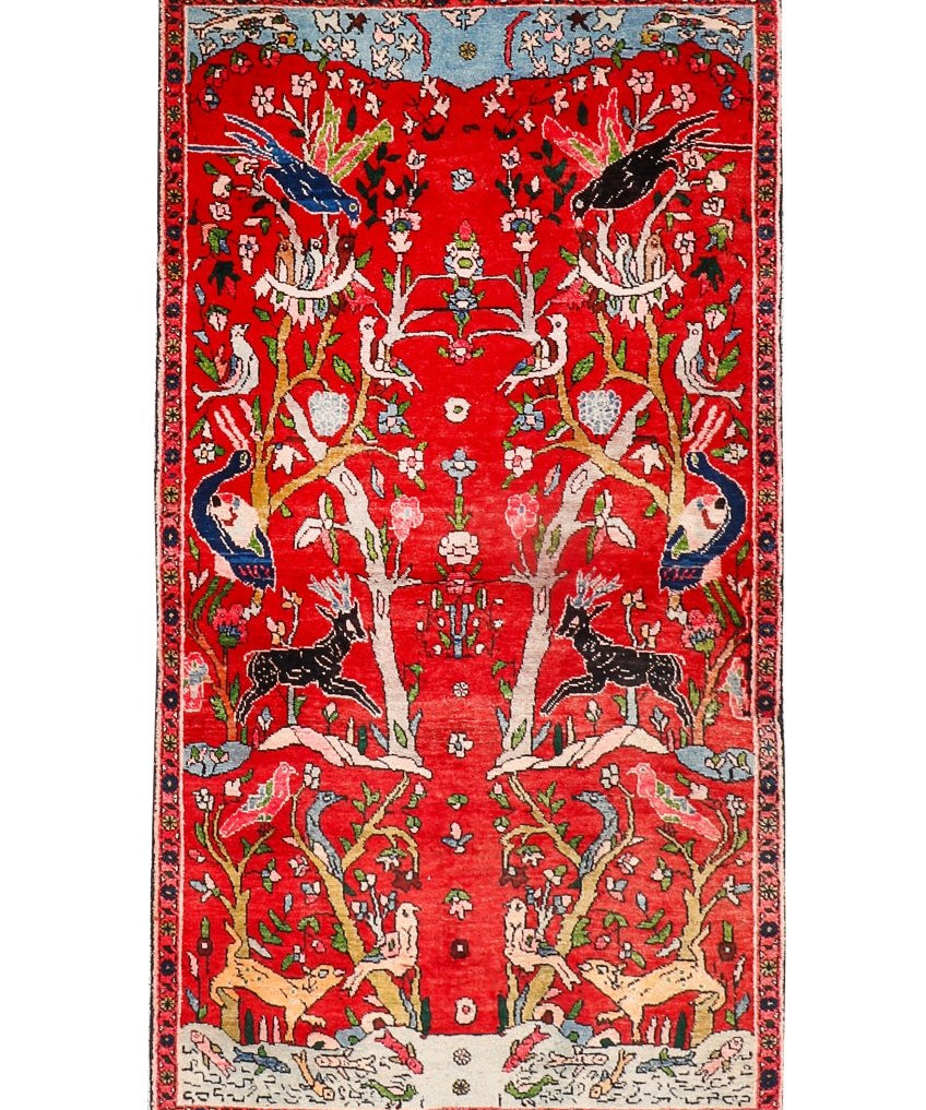 Persian Tabriz rug, red 3'2"x5'11" with central medallion and bird motifs